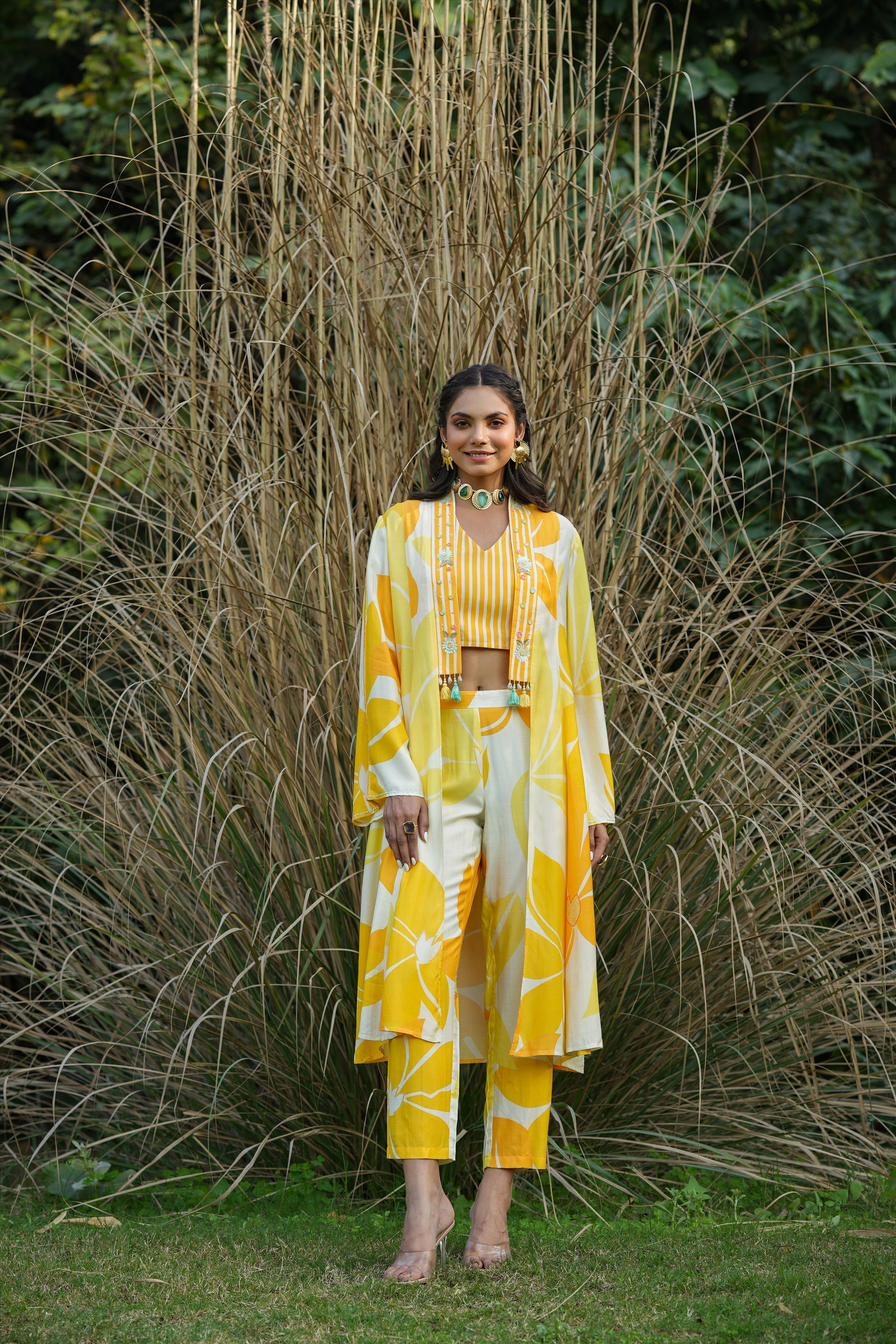 Yellow Muslin Silk Top Candy Stripes Top Trousers Cape Co-Ord Set