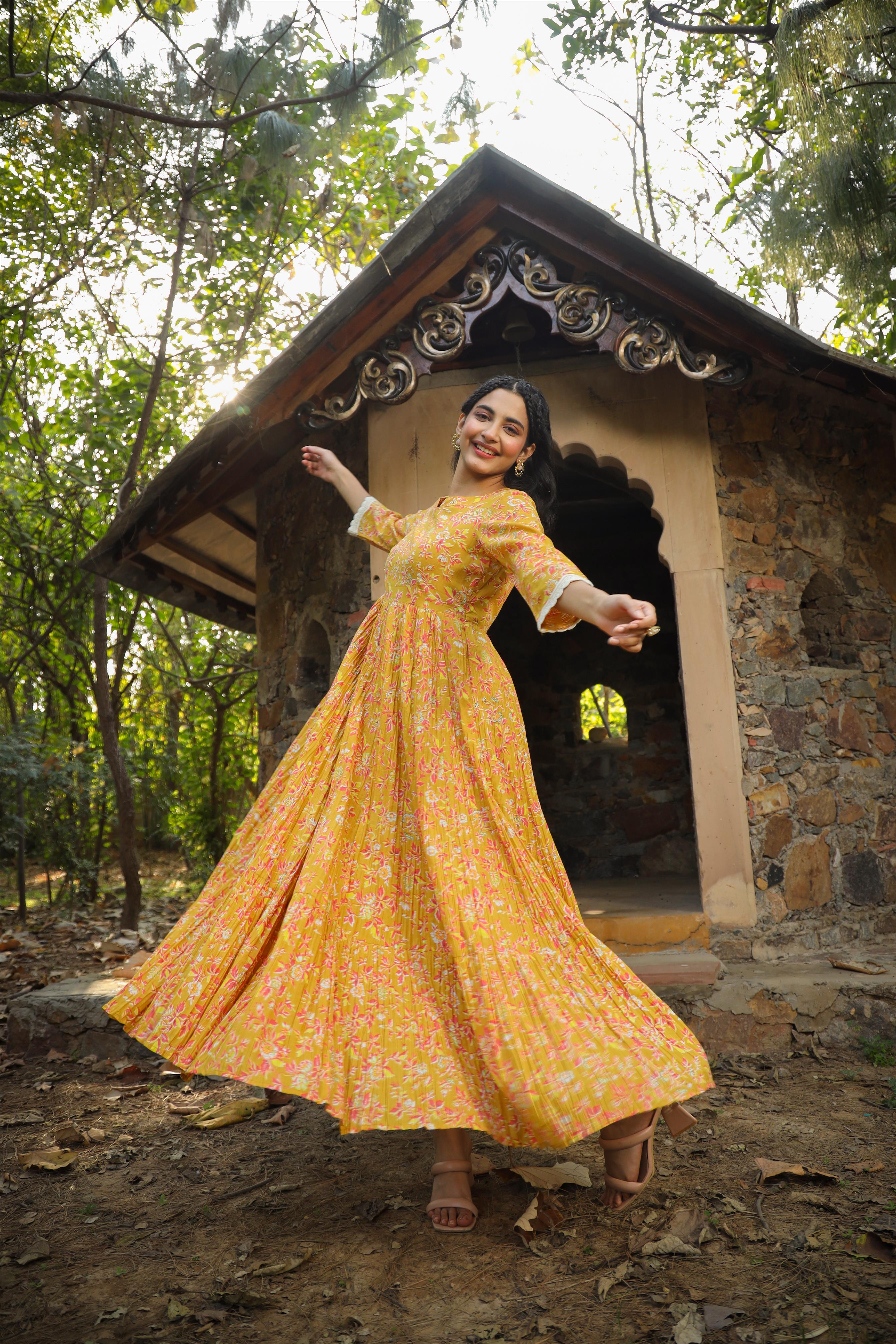 Yellow Cotton Floral Print Crushed Look Anarkali Kurta