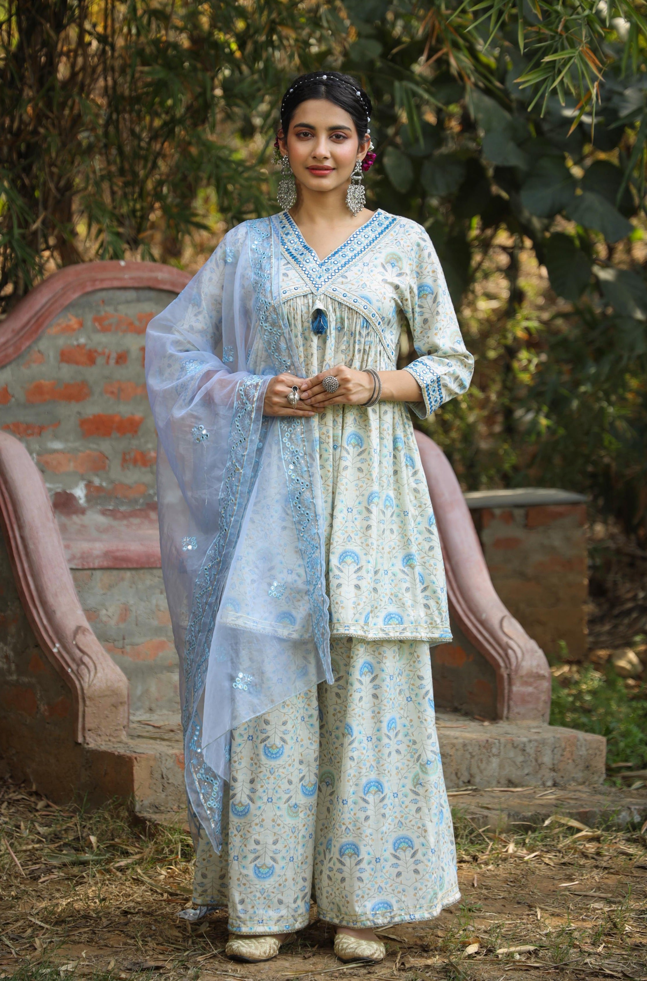 Blue Cotton Slub Printed Peplum Kurti Sharara Dupatta Set