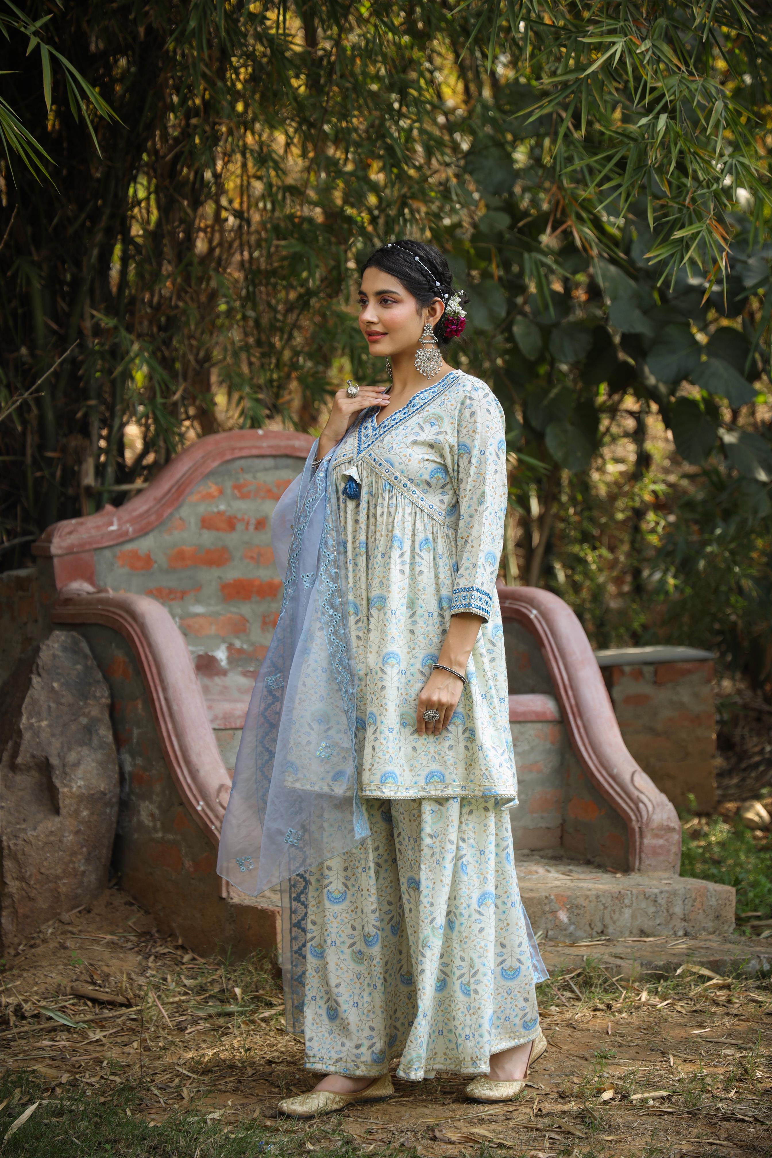 Blue Cotton Slub Printed Peplum Kurti Sharara Dupatta Set