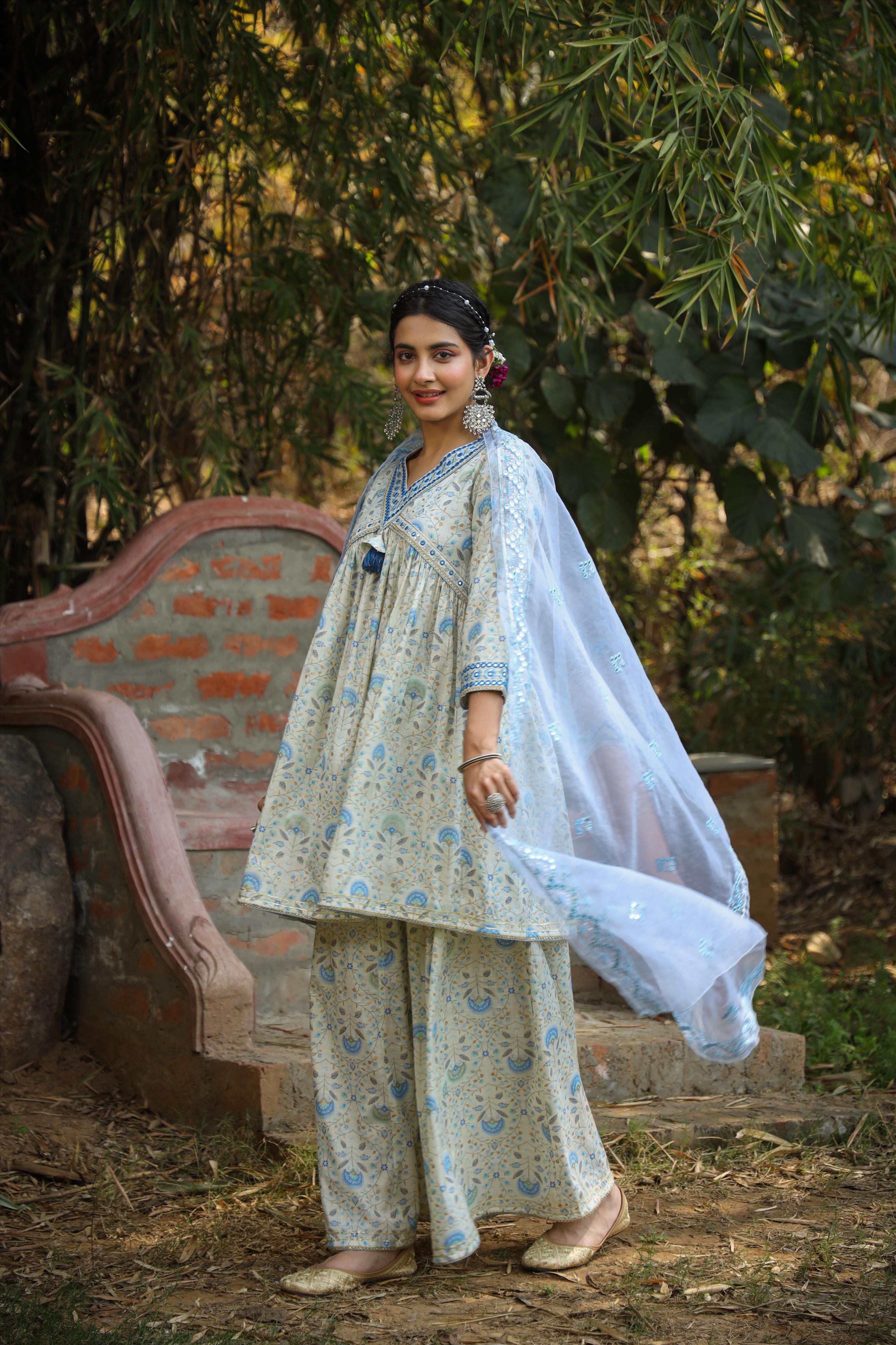 Blue Cotton Slub Printed Peplum Kurti Sharara Dupatta Set