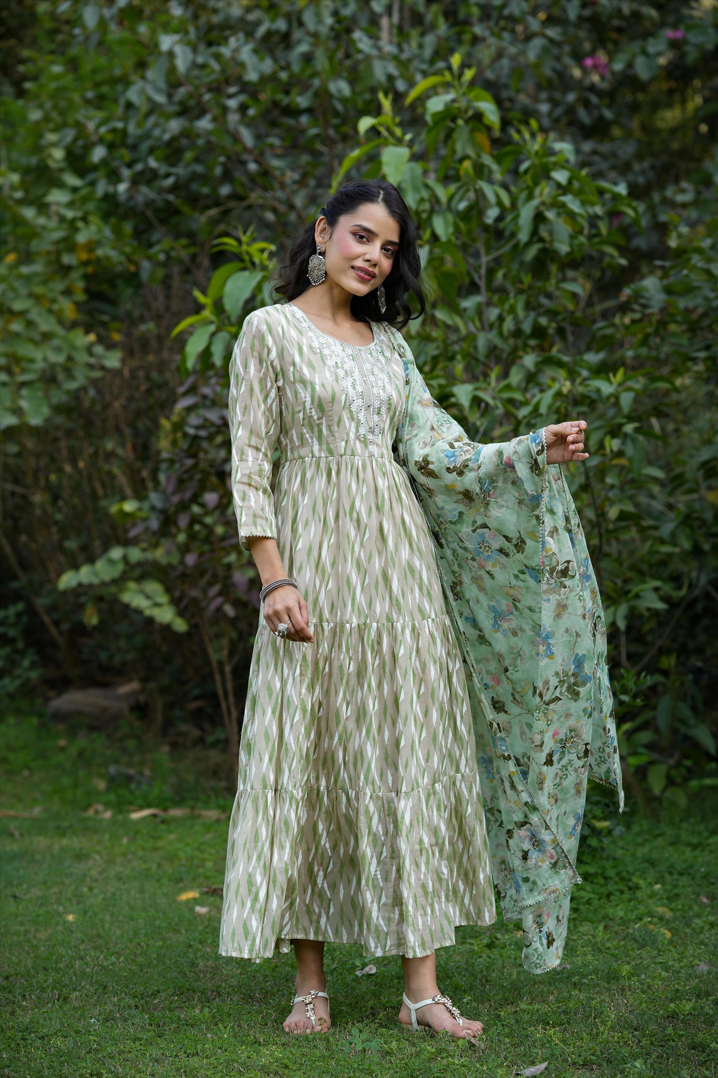 Green Mul Cotton Printed Tiered Ethnic Dress With Mul Cotton Dupatta