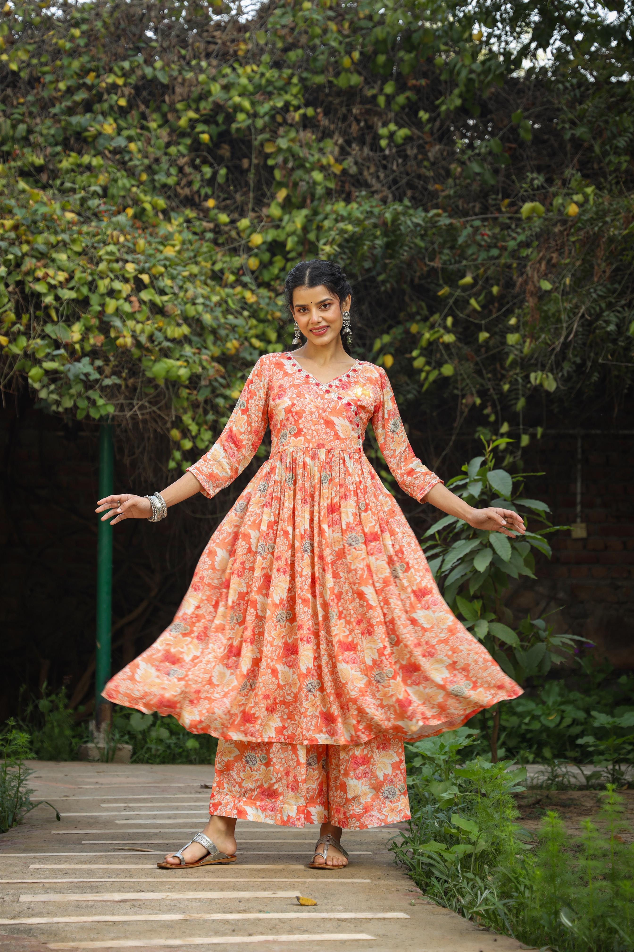 Orange Chiffon Floral Print Anarkali Kurta With Palazzos