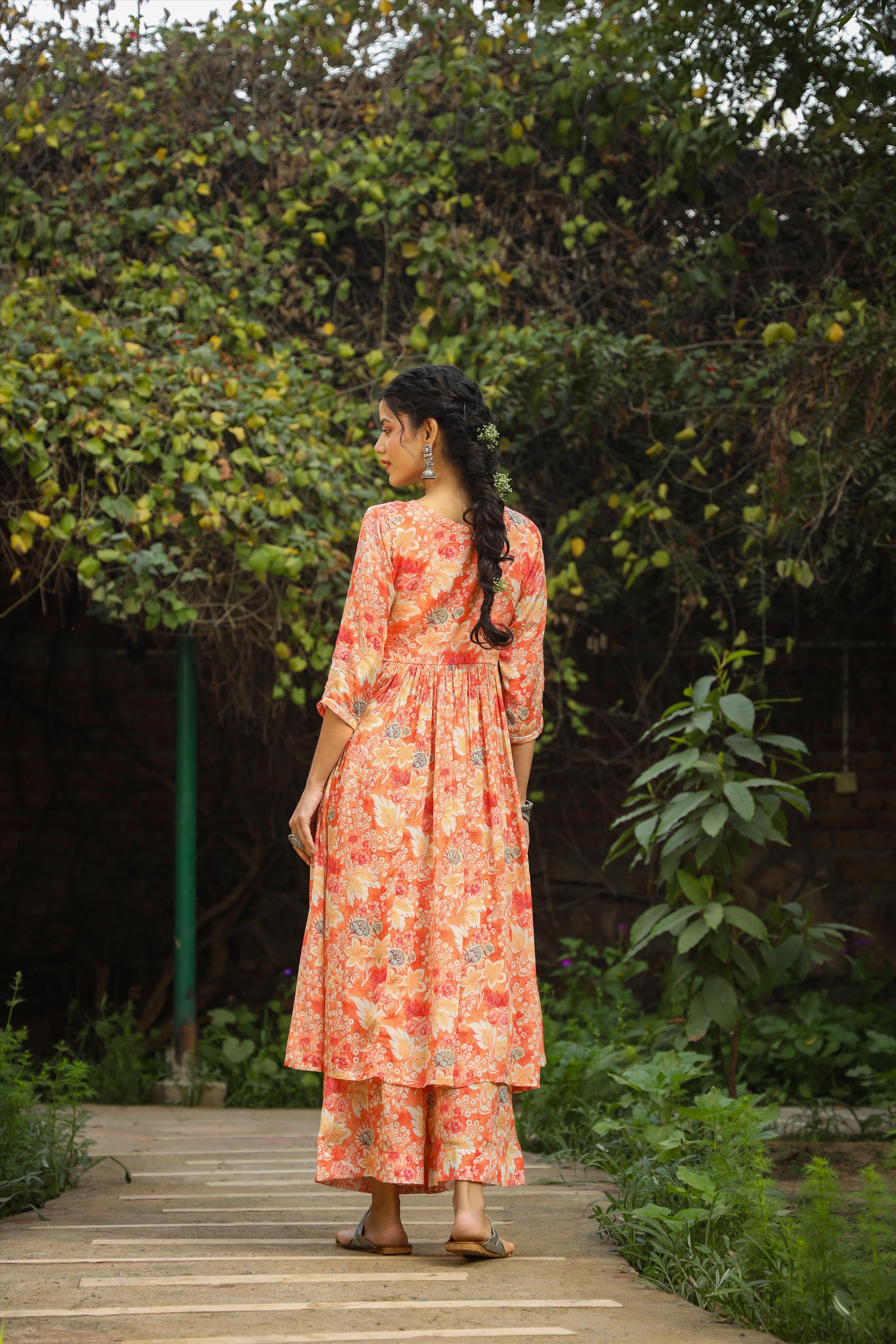 Orange Chiffon Floral Print Anarkali Kurta With Palazzos