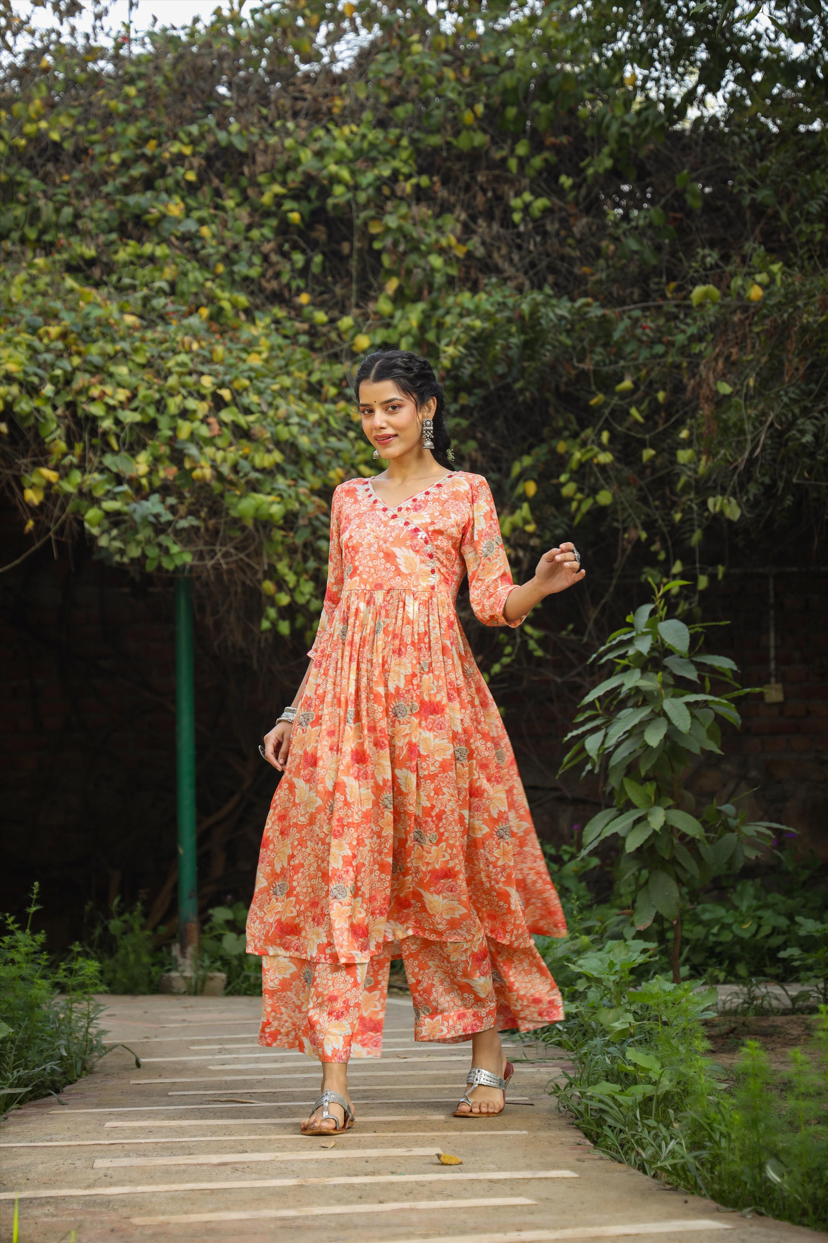 Orange Chiffon Floral Print Anarkali Kurta With Palazzos