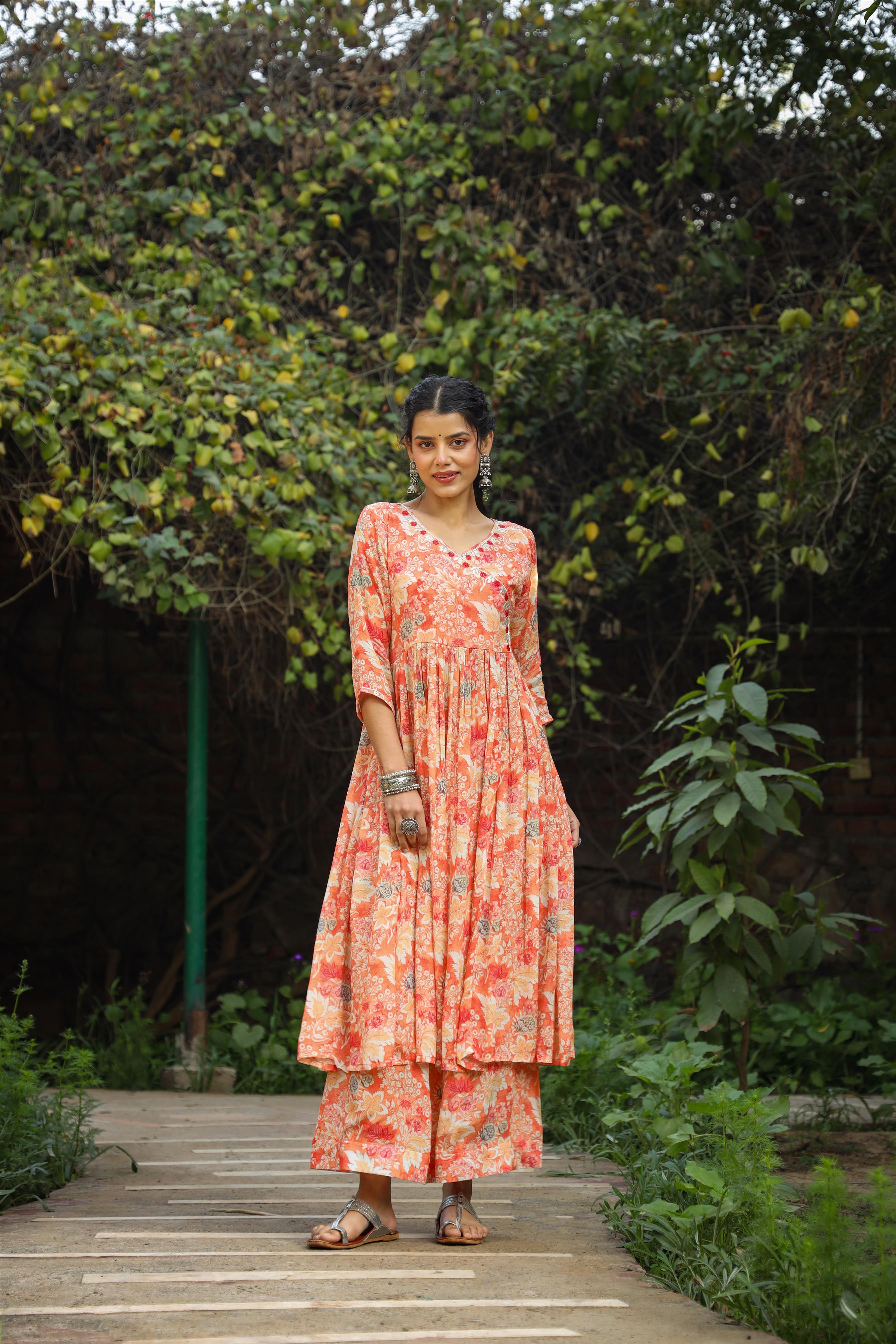 Orange Chiffon Floral Print Anarkali Kurta With Palazzos