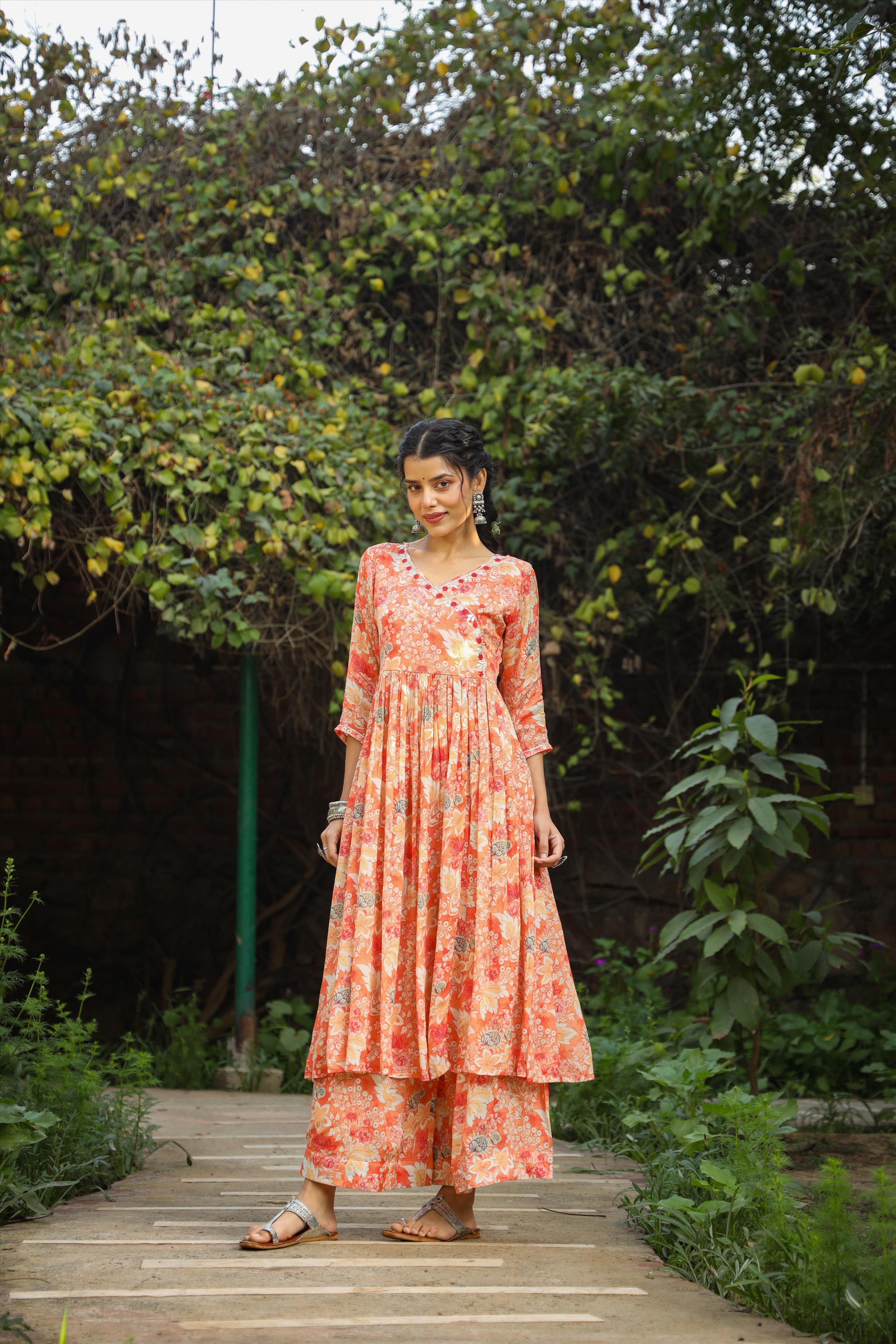 Orange Chiffon Floral Print Anarkali Kurta With Palazzos