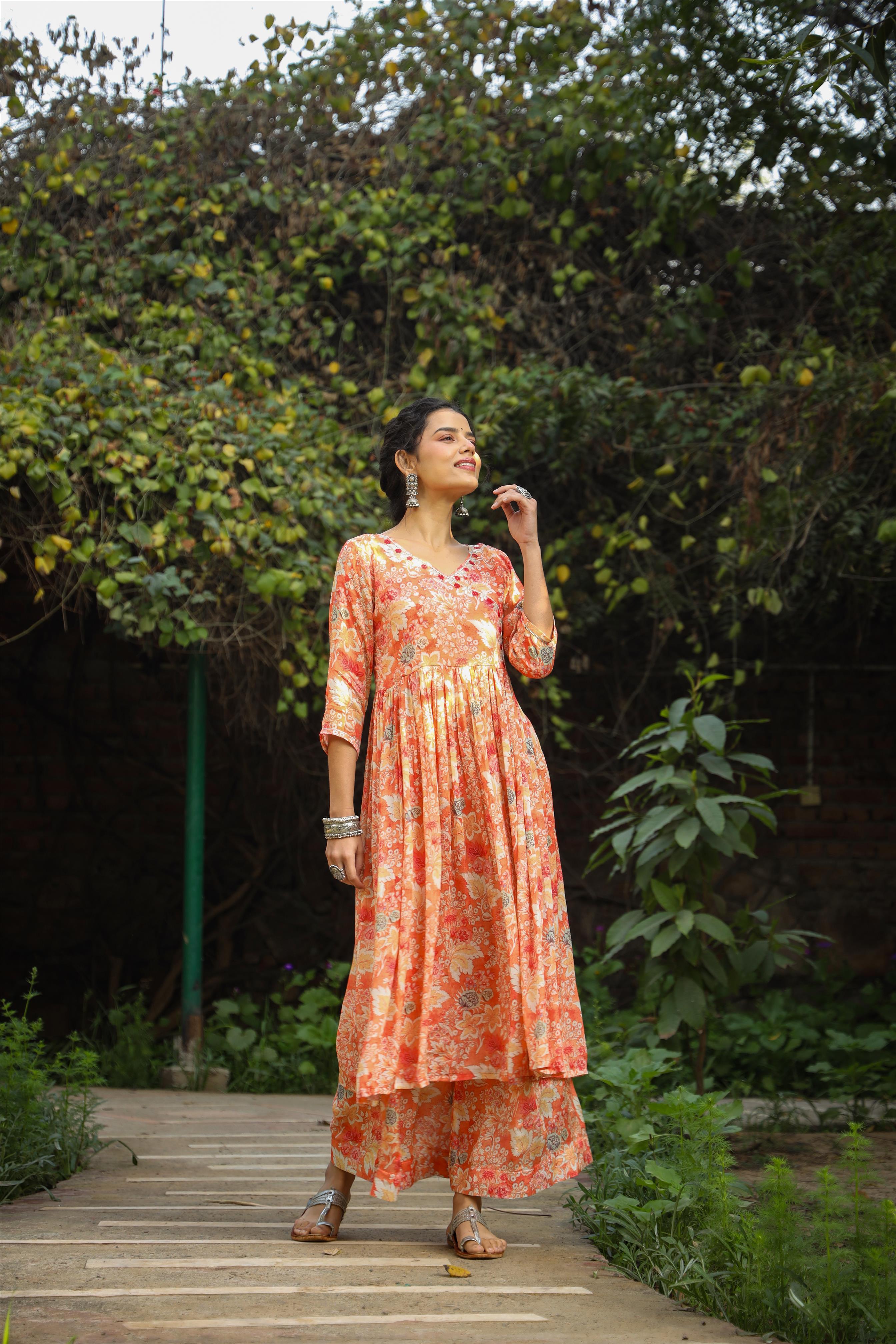 Orange Chiffon Floral Print Anarkali Kurta With Palazzos