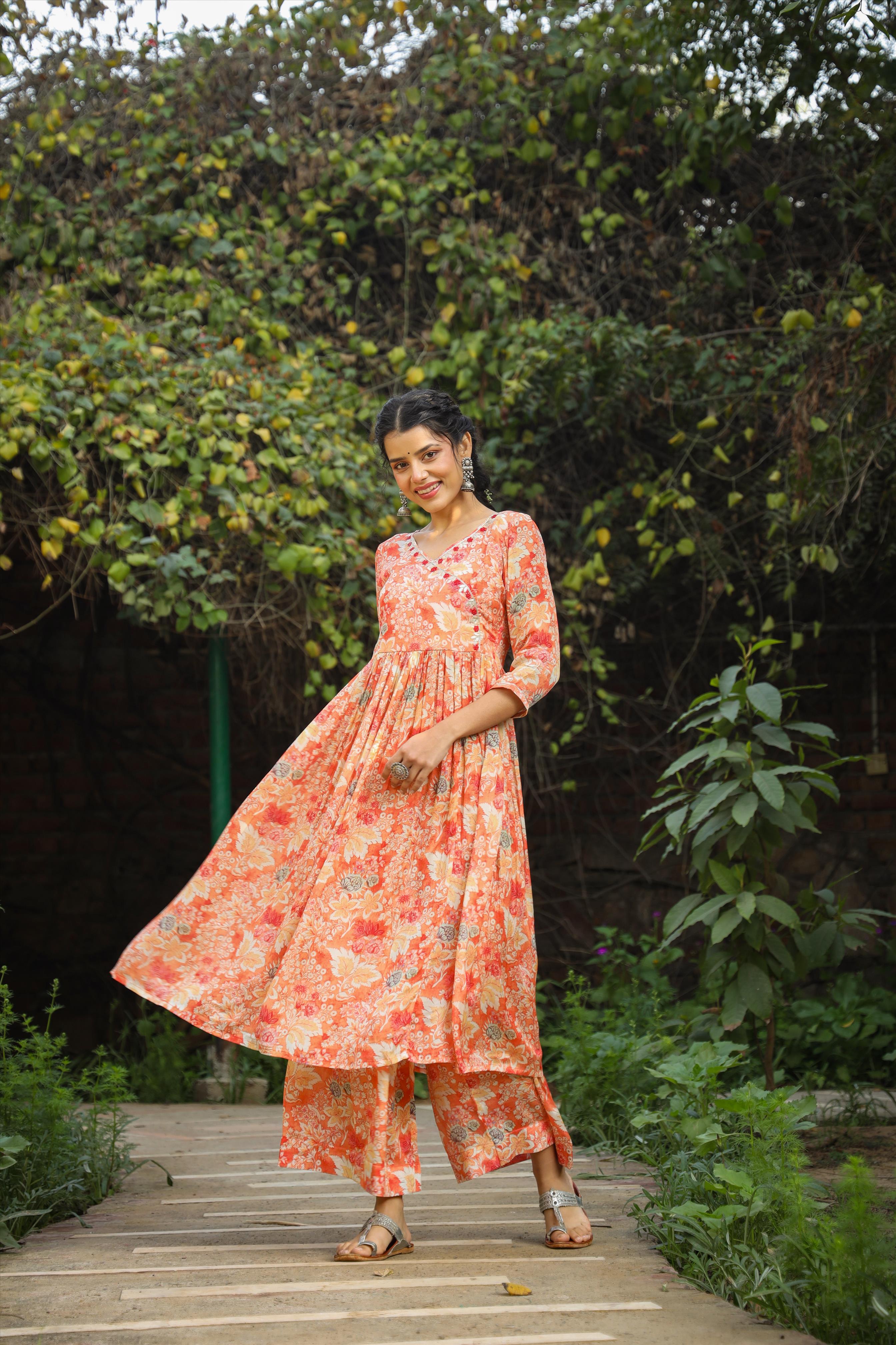 Orange Chiffon Floral Print Anarkali Kurta With Palazzos
