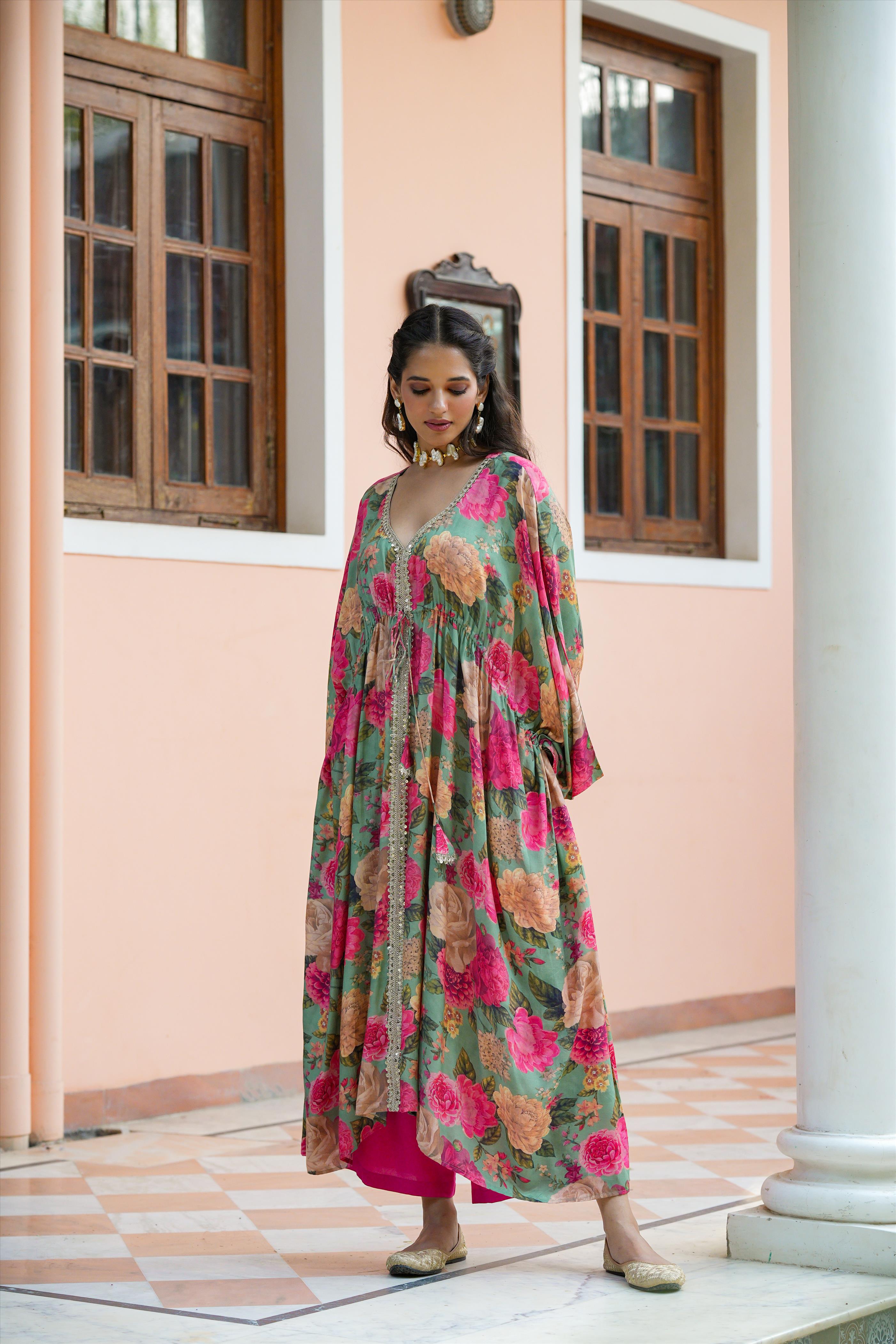Multi Muslin Silk Floral Print Kaftan Tunic With Palazzos
