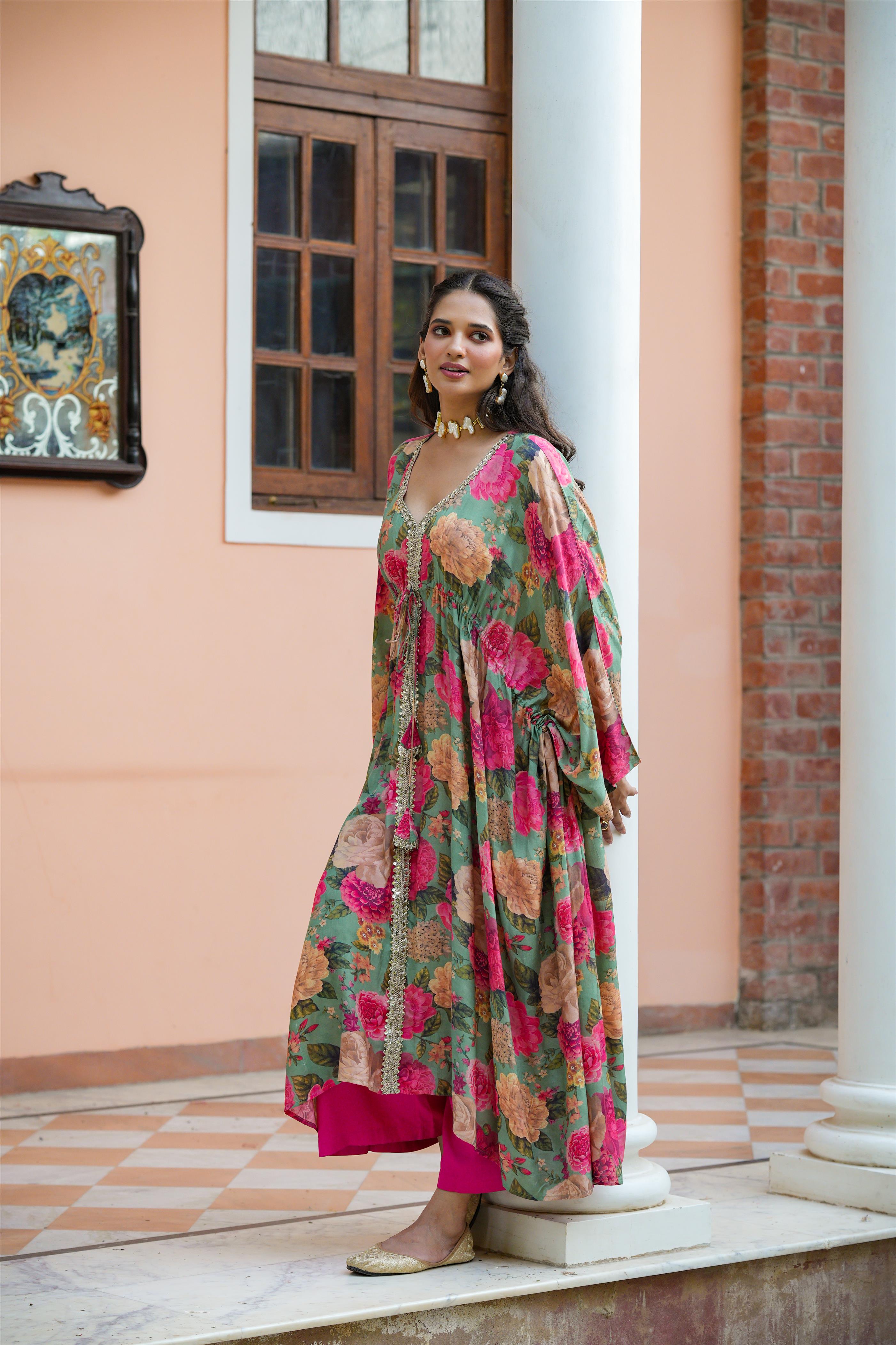 Multi Muslin Silk Floral Print Kaftan Tunic With Palazzos