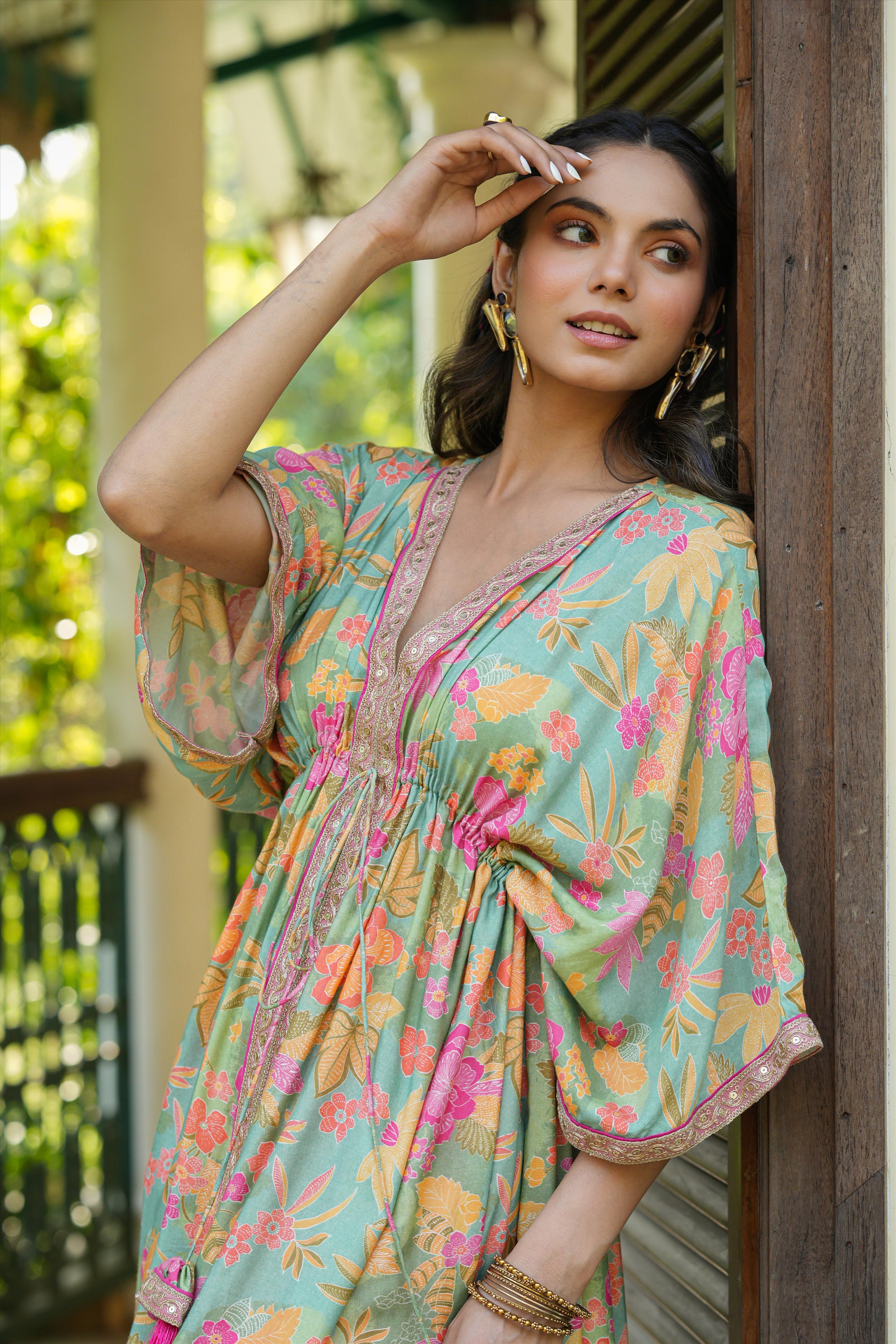 Multi Muslin Silk Floral Print Kaftan Tunic With Palazzos