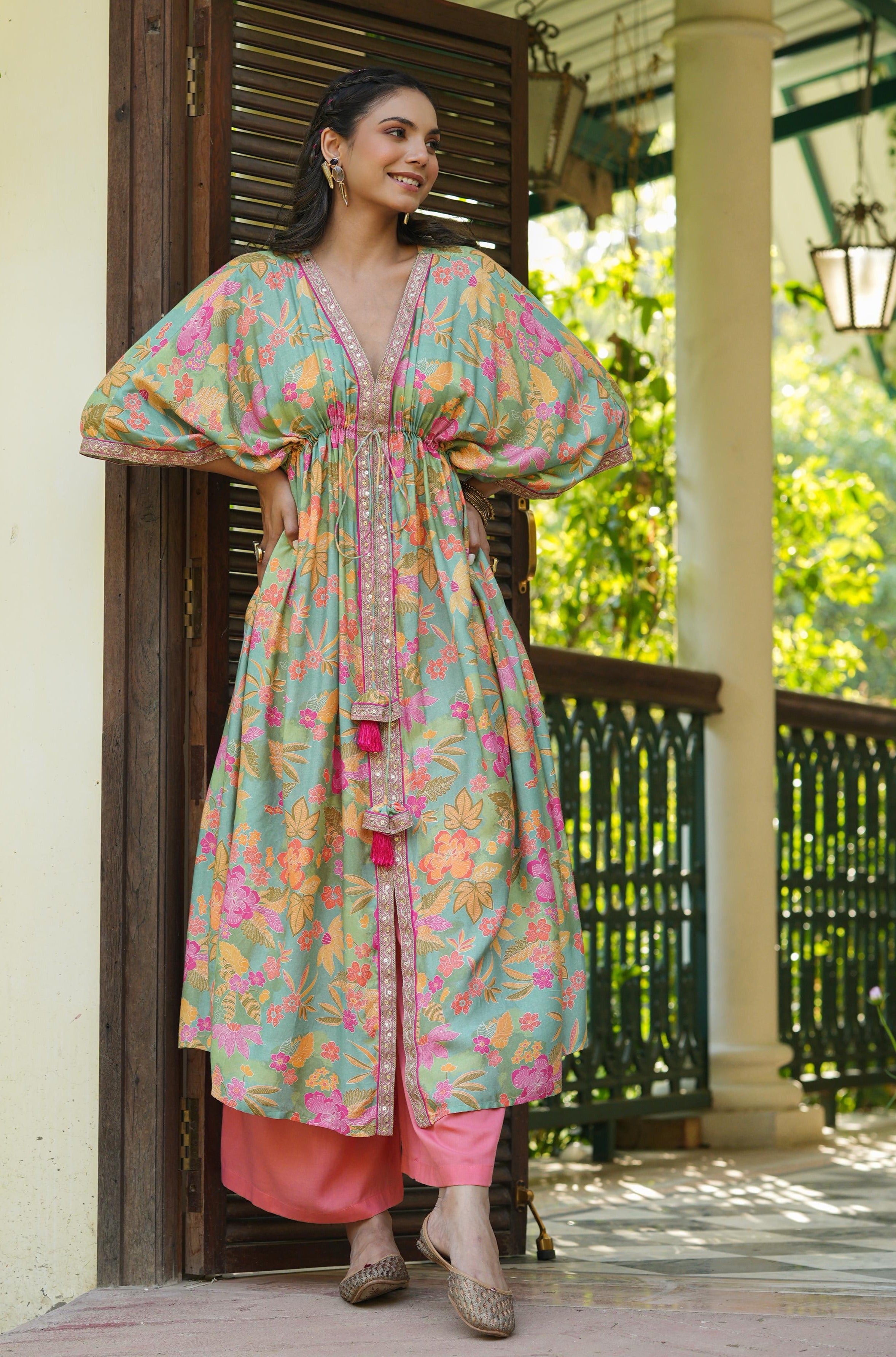 Multi Muslin Silk Floral Print Kaftan Tunic With Palazzos