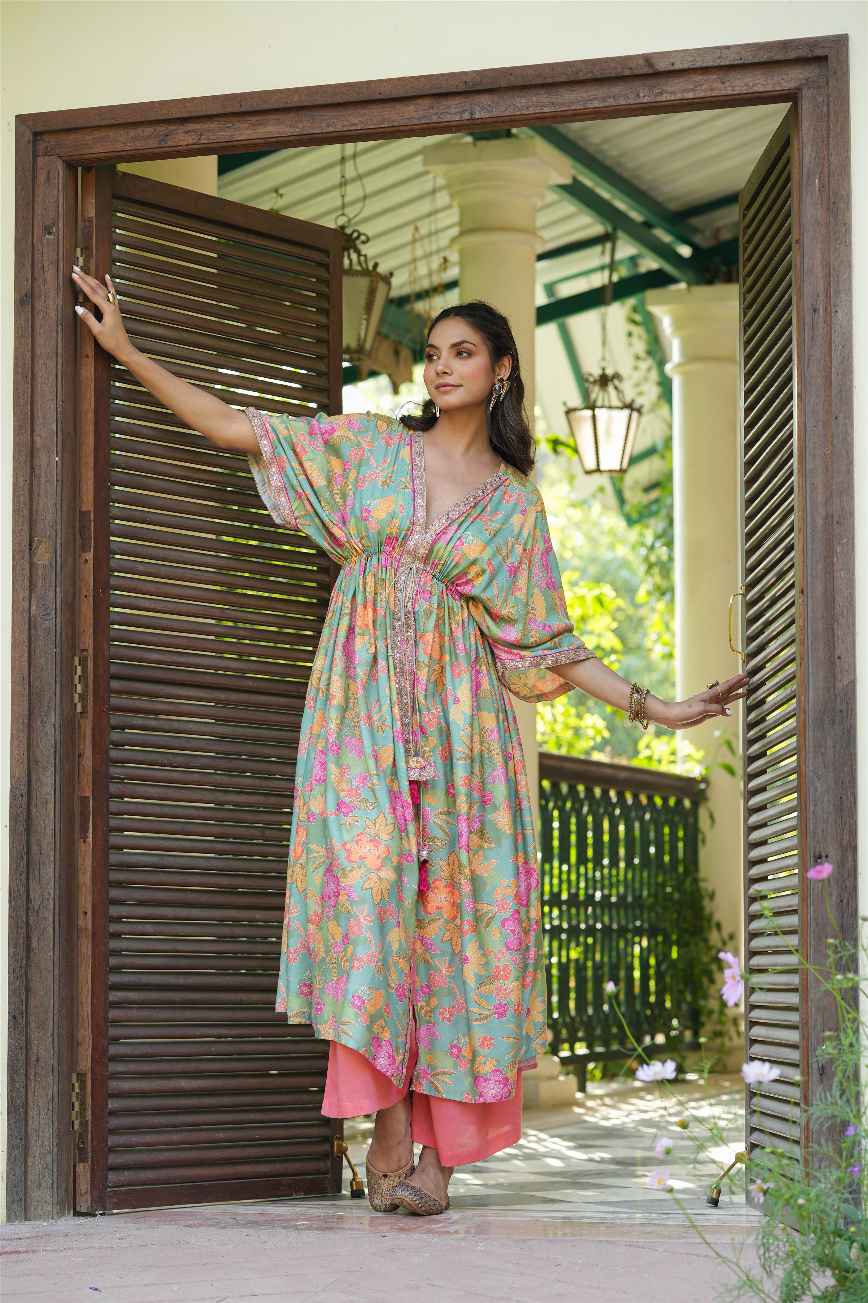 Multi Muslin Silk Floral Print Kaftan Tunic With Palazzos