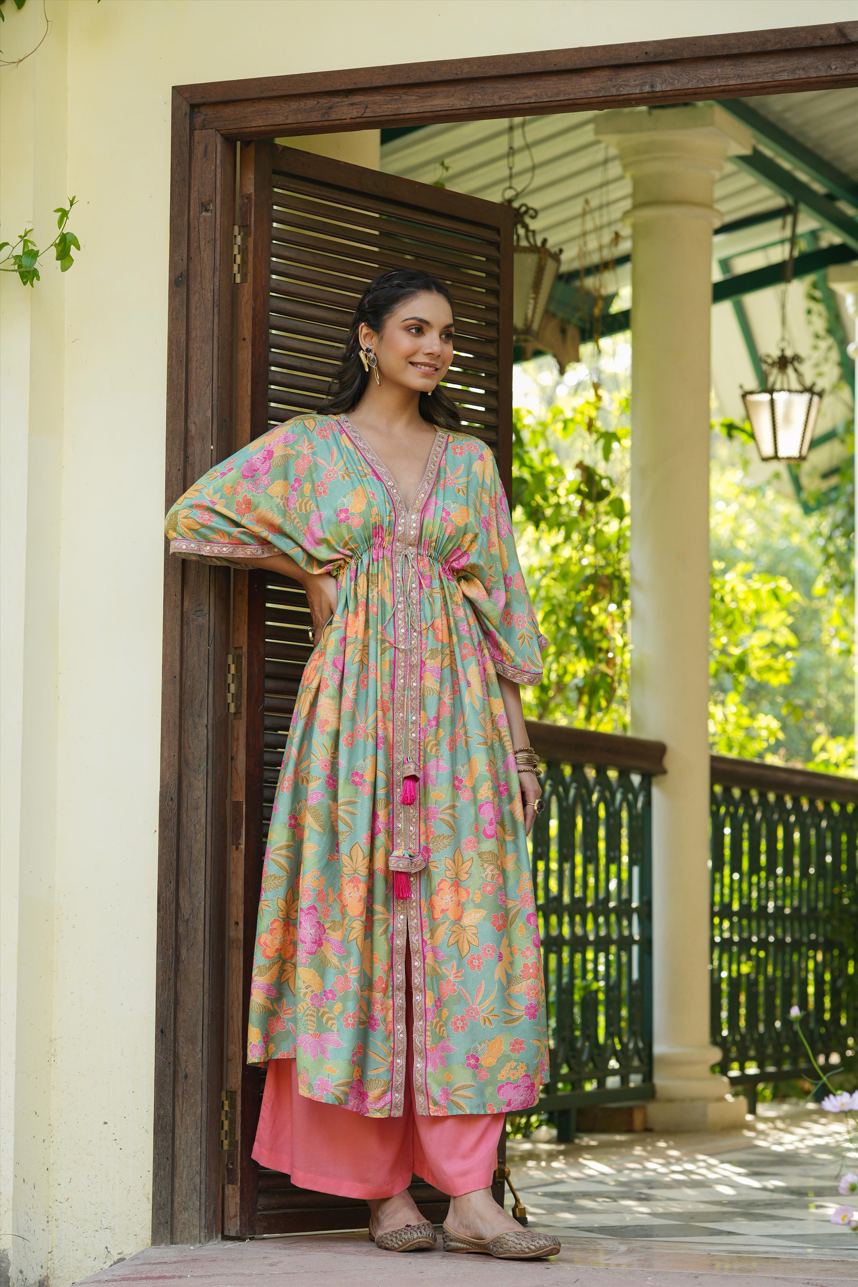 Multi Muslin Silk Floral Print Kaftan Tunic With Palazzos