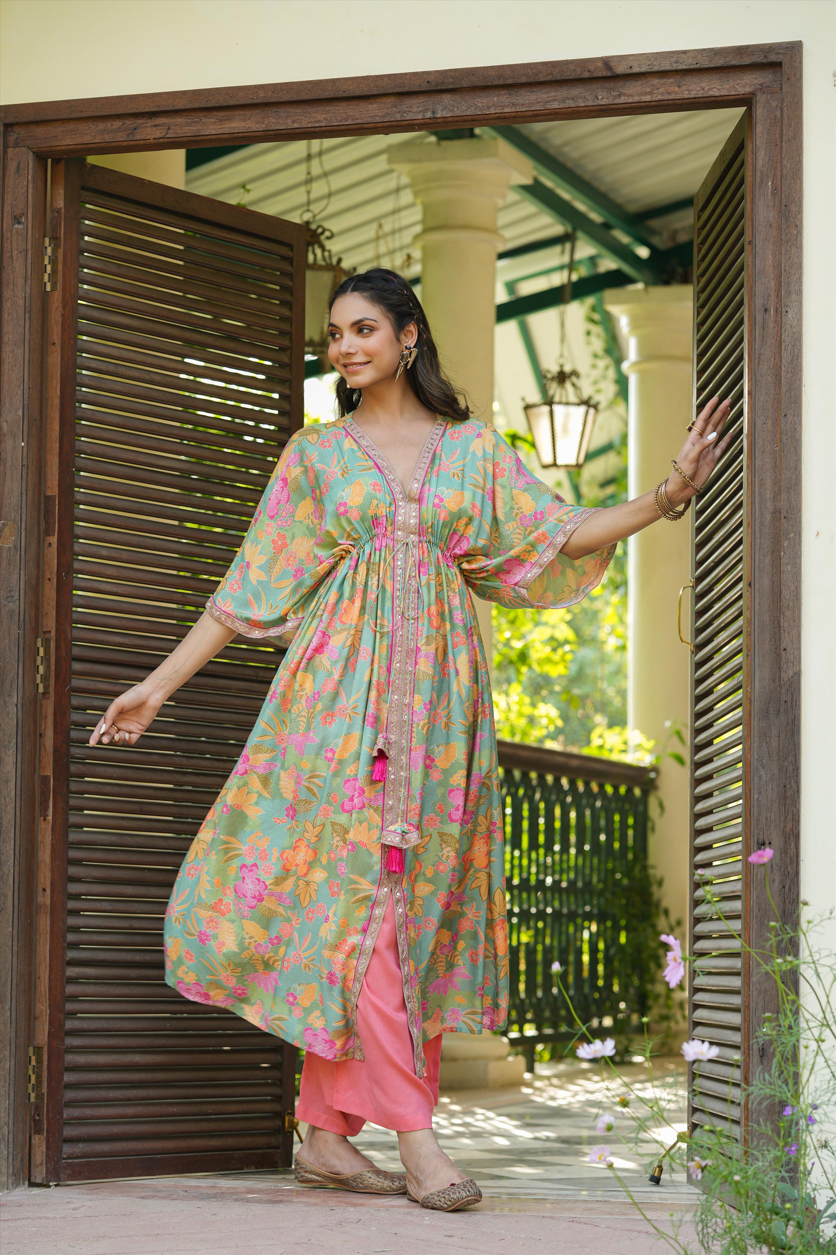 Multi Muslin Silk Floral Print Kaftan Tunic With Palazzos