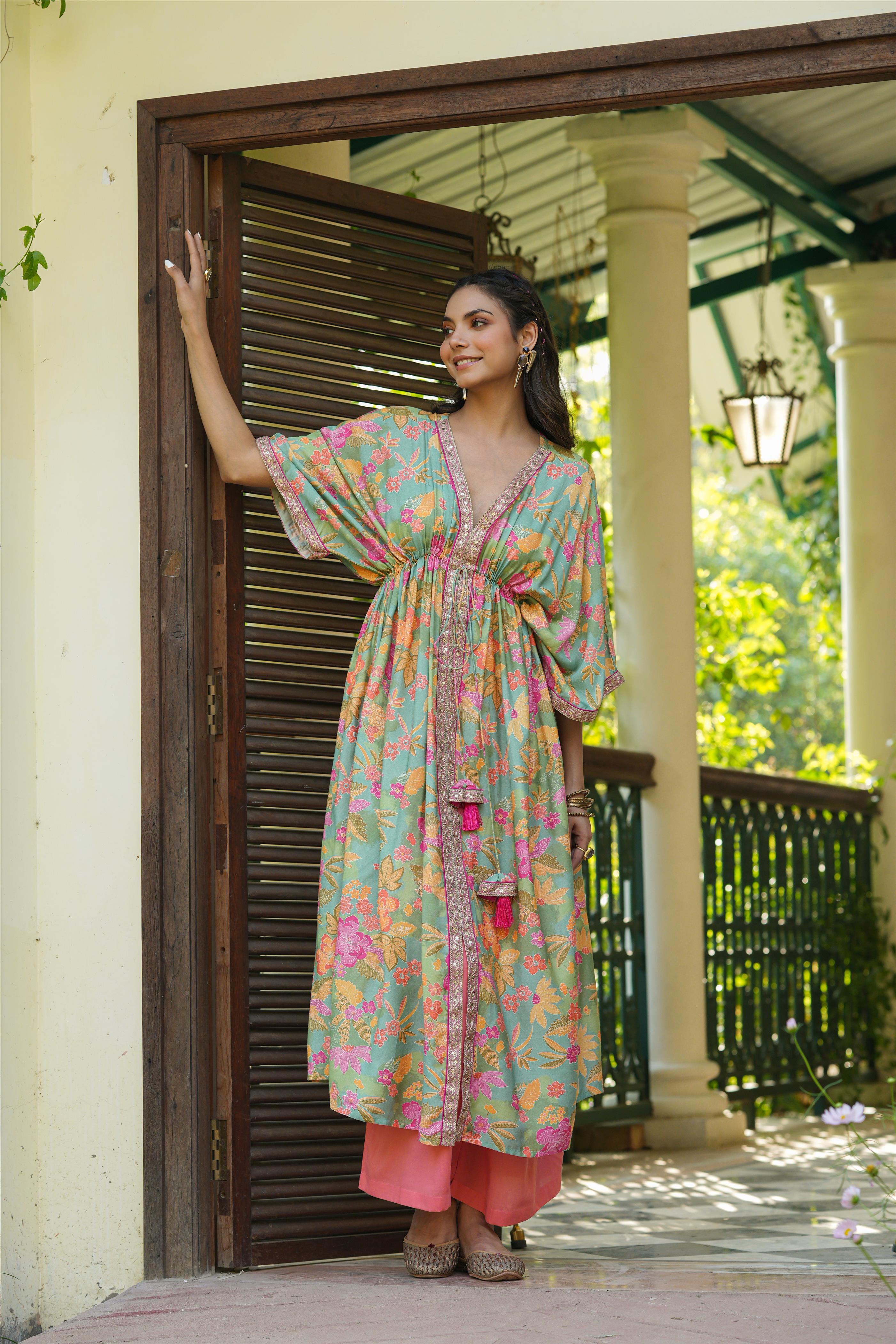 Multi Muslin Silk Floral Print Kaftan Tunic With Palazzos