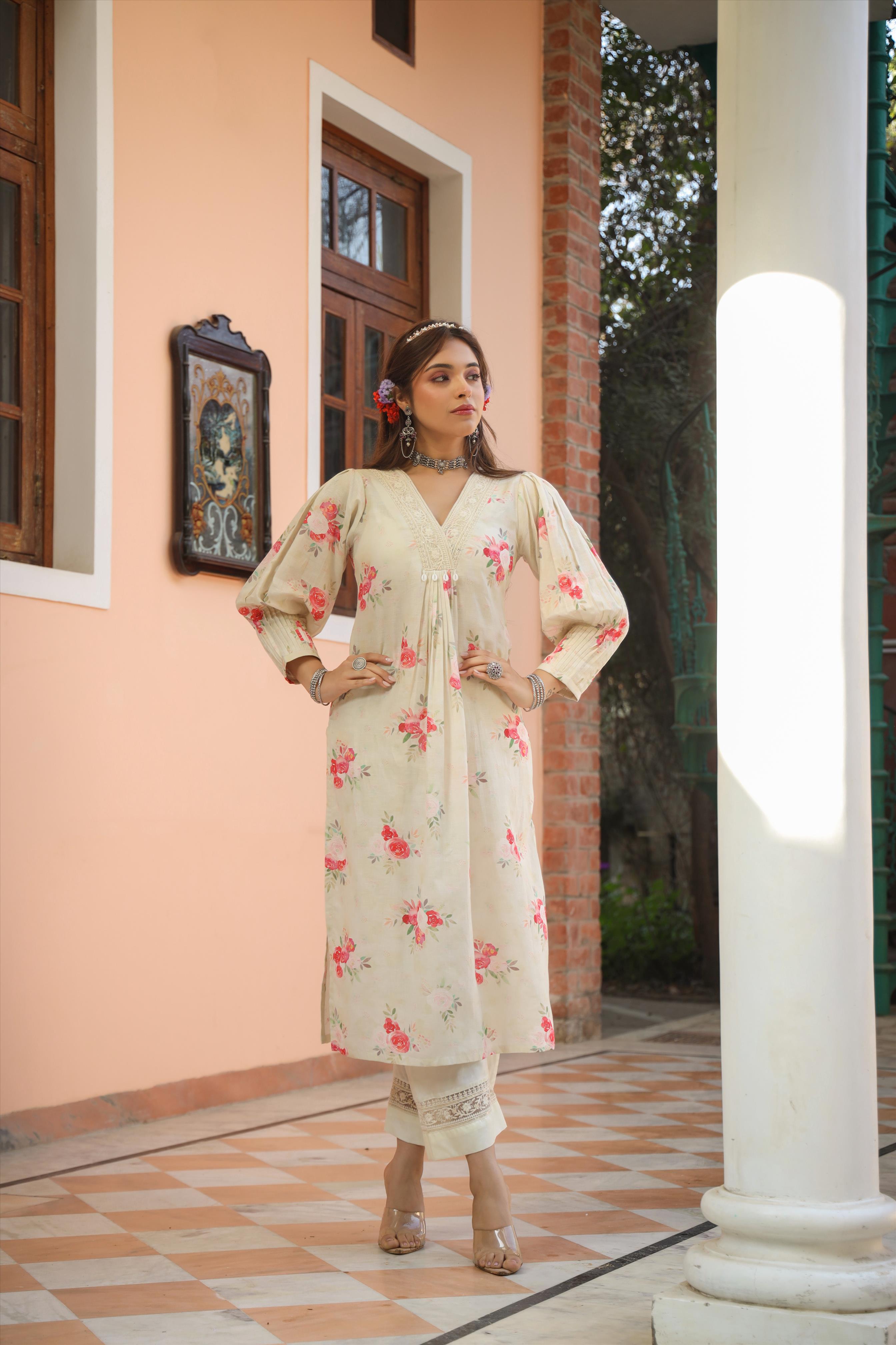 Ivory Linen Floral Print Pleated Kurta With Palazzos