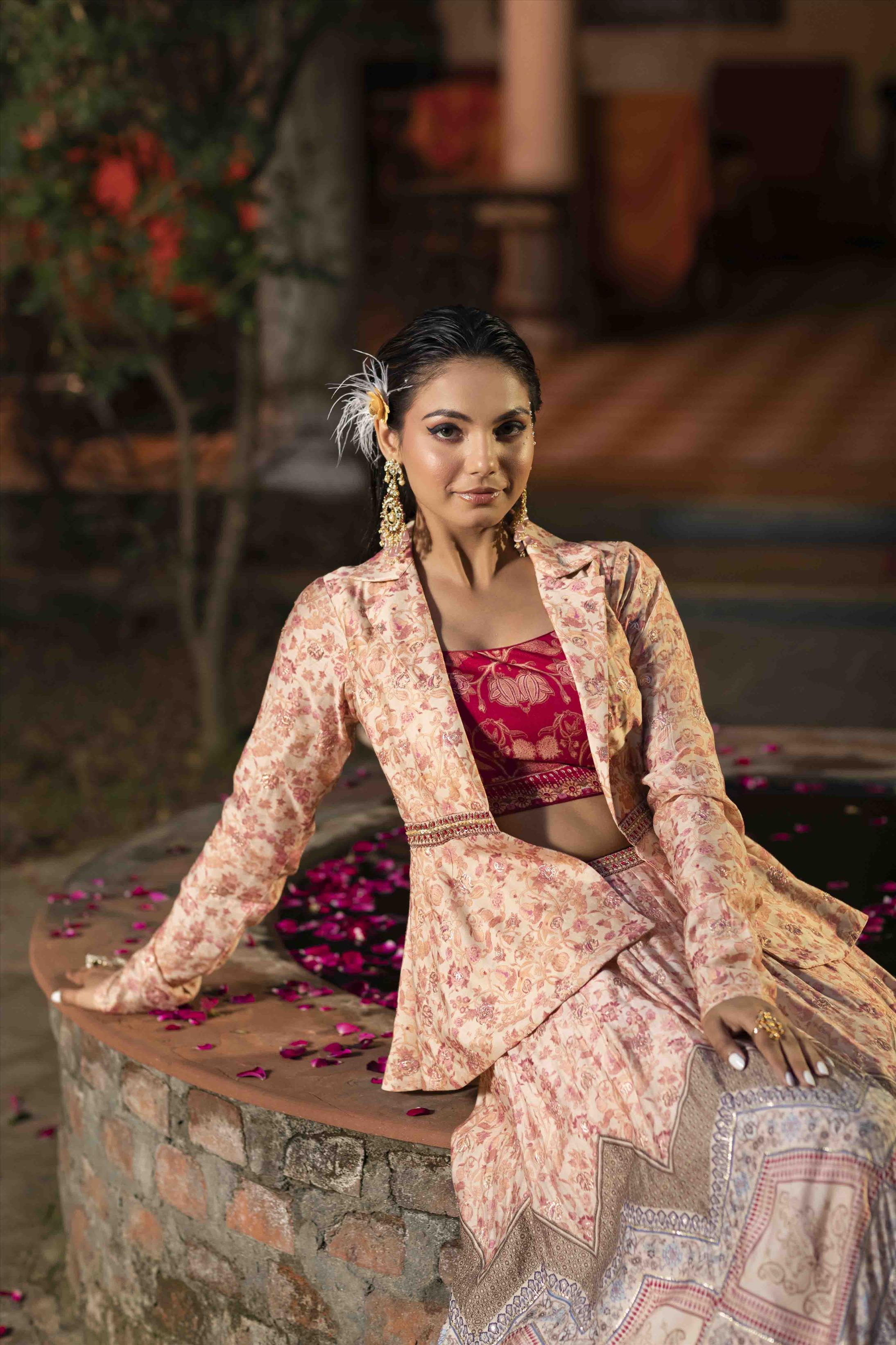 Beige Raw Silk Floral Print Fusion Lehenga Choli With Attached Blazer Jacket