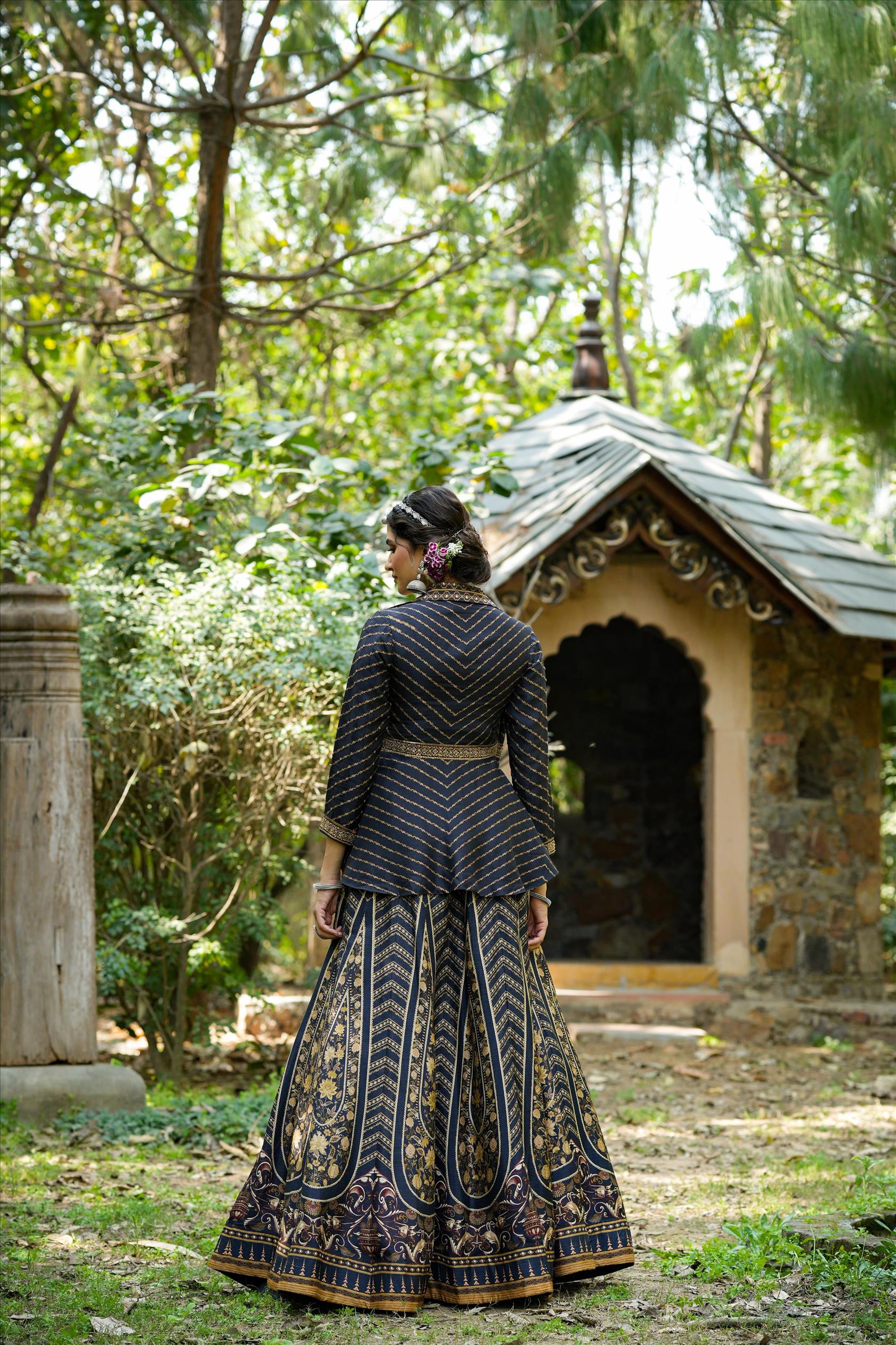 Black Raw Silk Floral Print Fusion Lehenga Choli With Attached Blazer Jacket