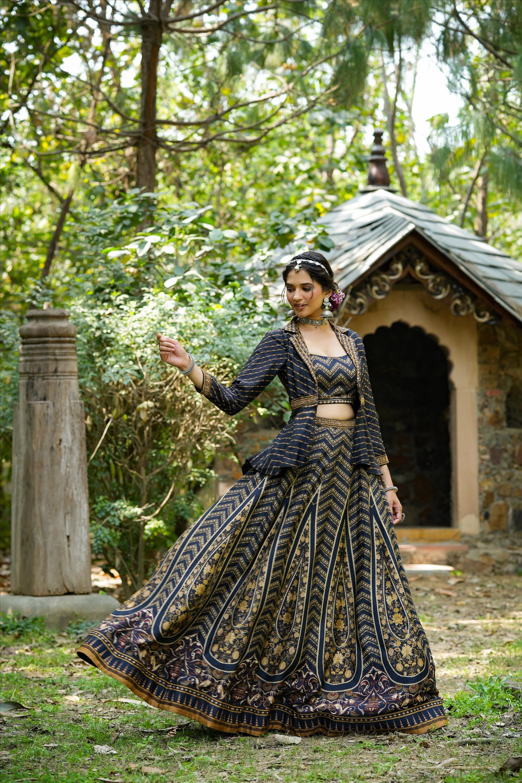 Black Raw Silk Floral Print Fusion Lehenga Choli With Attached Blazer Jacket