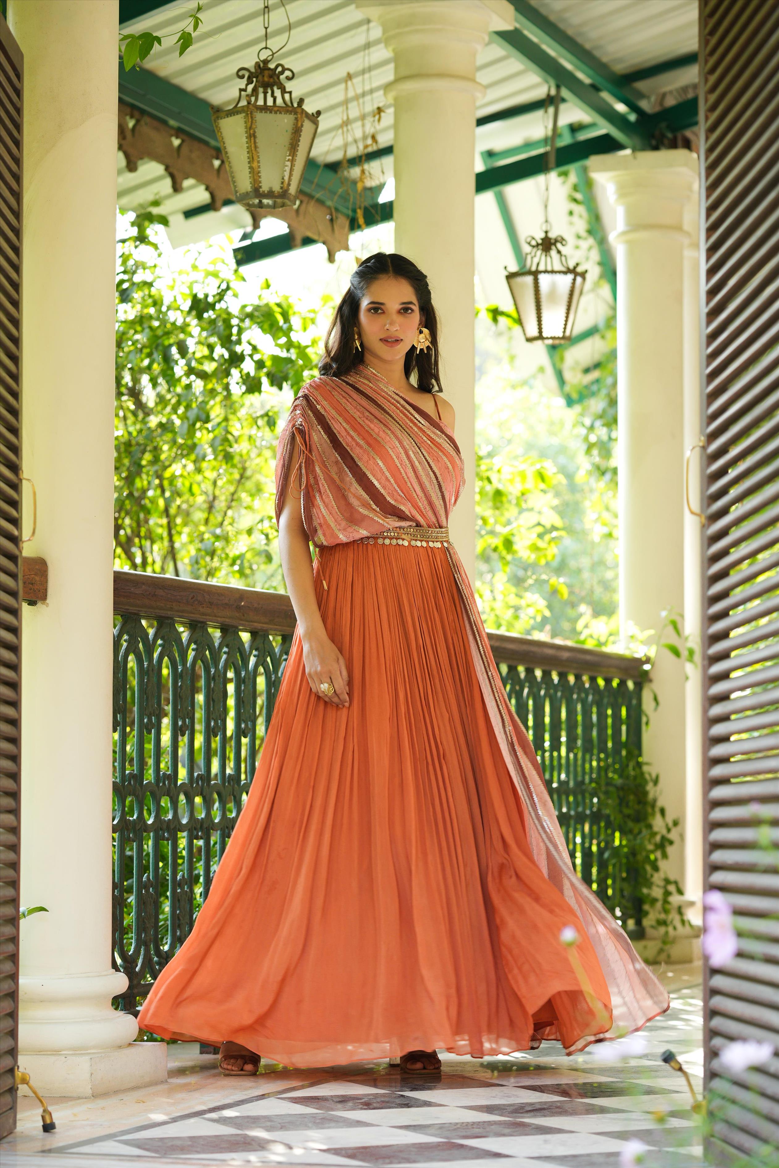 Rust Chinon Silk Sequinned Party Gown With Belt And Attached One-Shoulder Cape & Drape