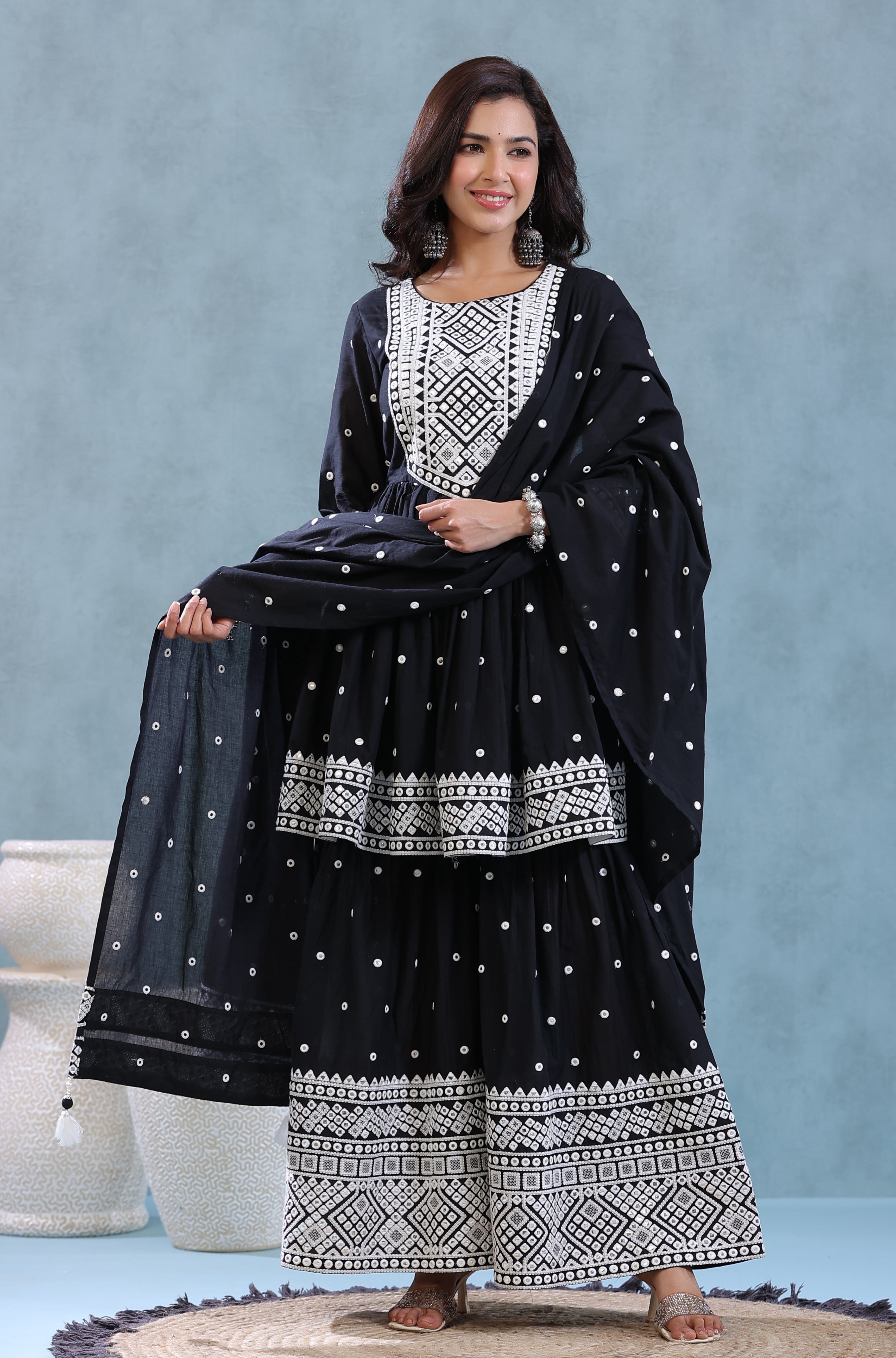 Black Cotton Kutch Embroidered Sharara Set