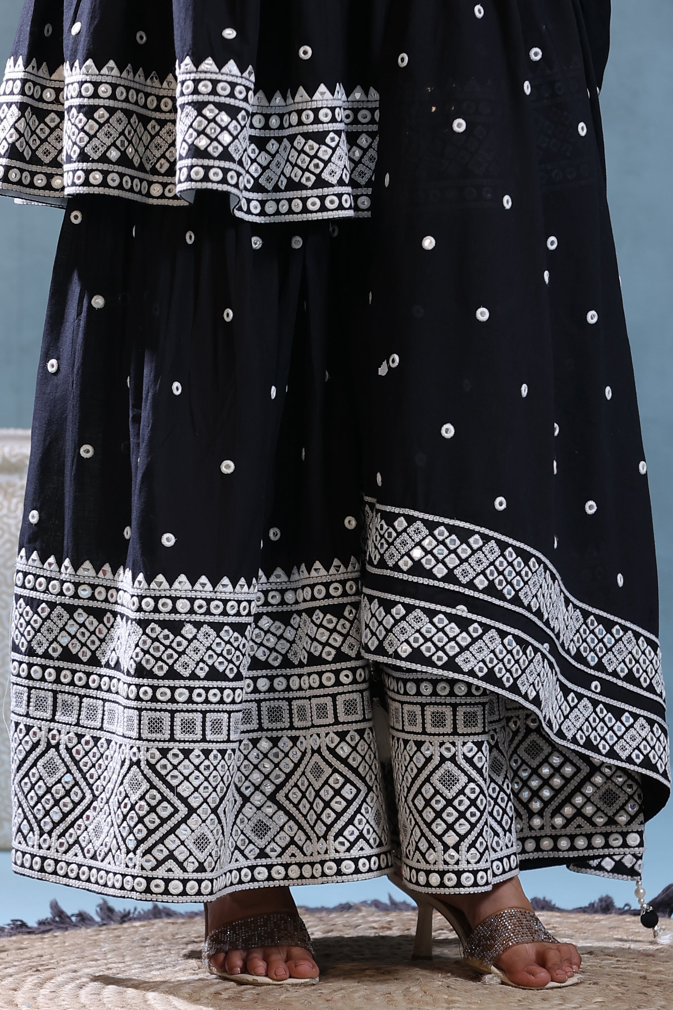 Black Mul Cotton Kutch Embroidery Peplum Kurti Sharara Dupatta Set