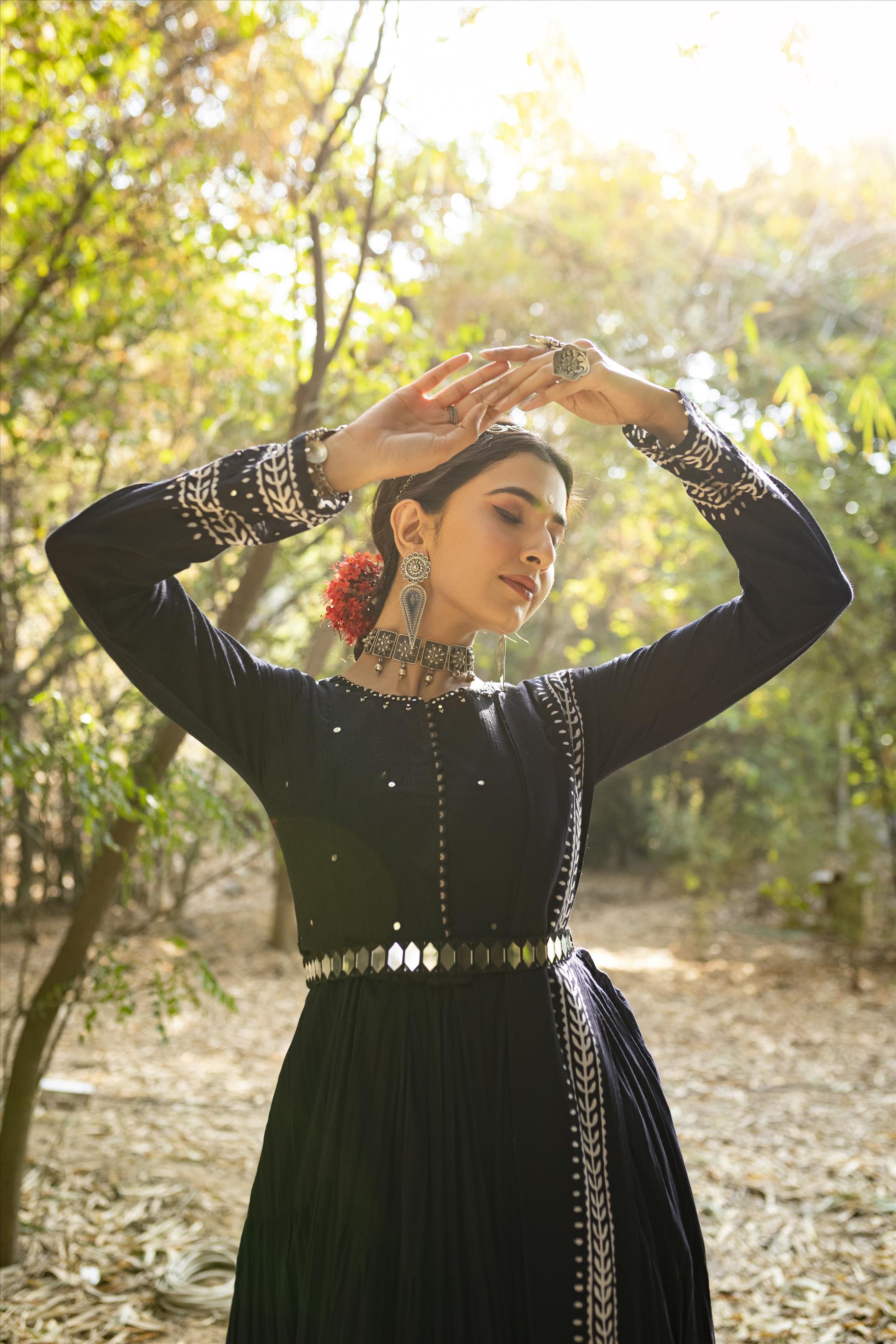 Black Cotton Kutch Emboridery Anarkali Dress With Dupatta And Mirror Work Belt