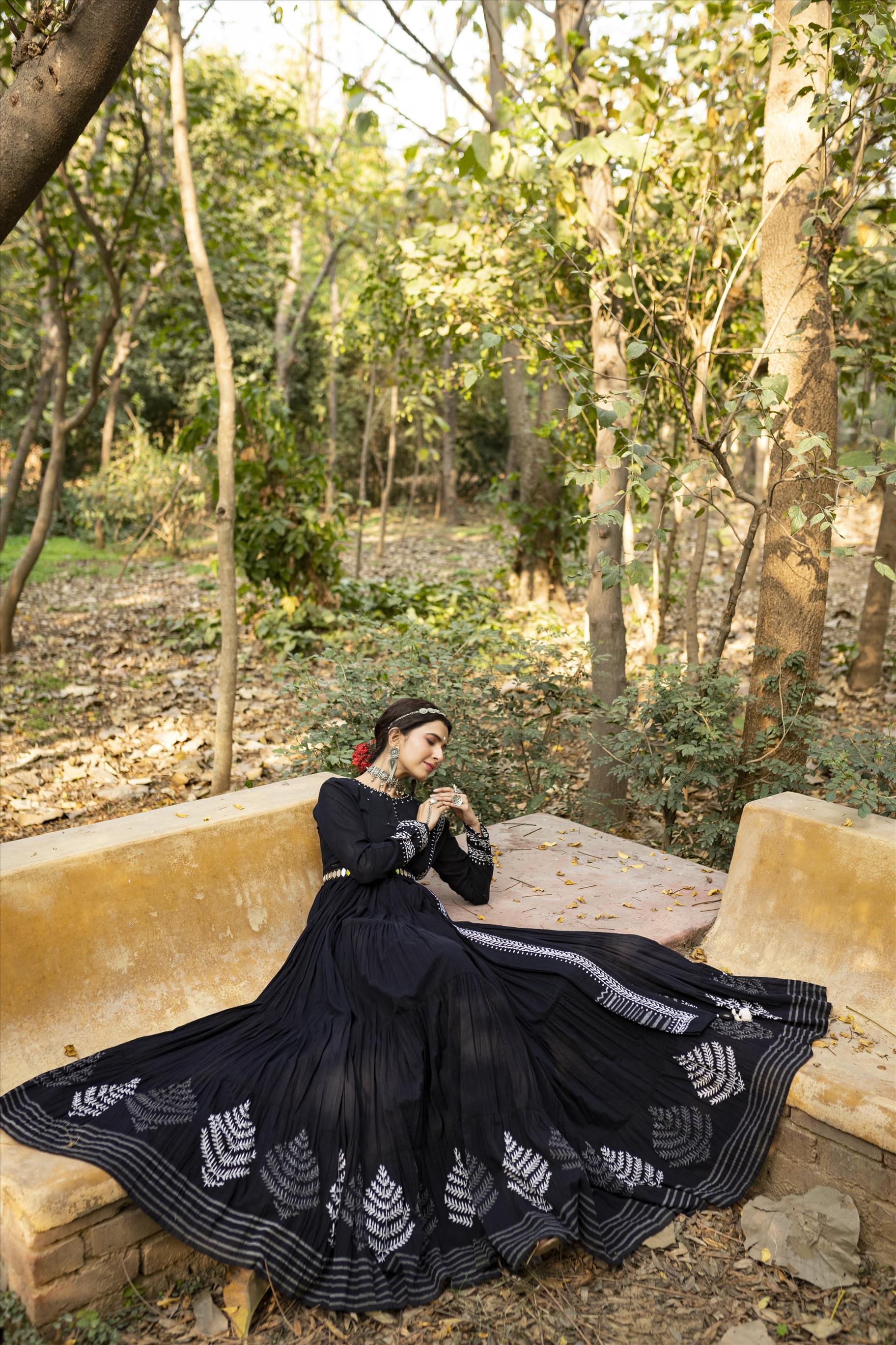 Black Cotton Kutch Emboridery Anarkali Dress With Dupatta And Mirror Work Belt