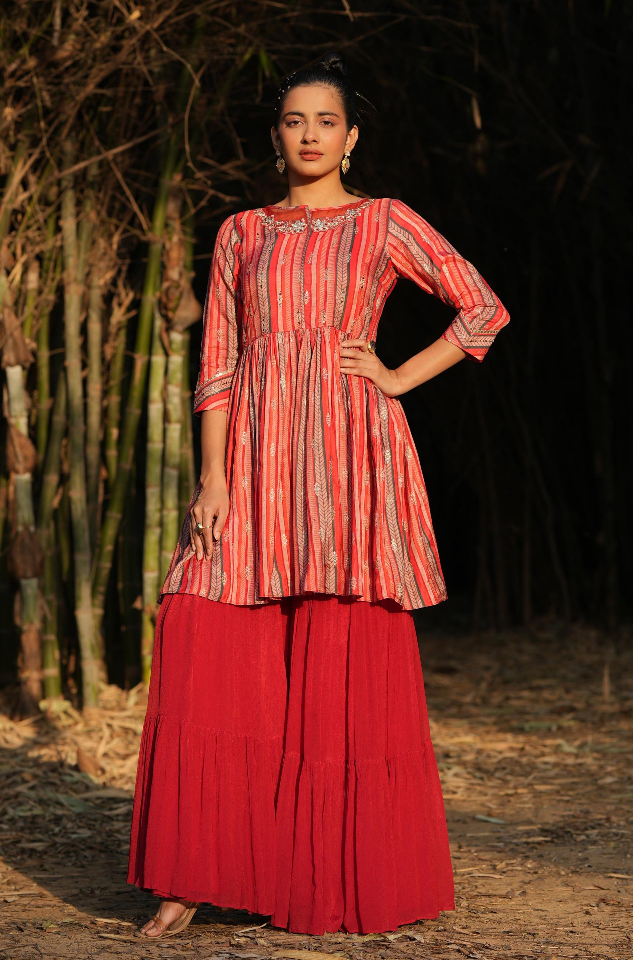 Pink Chinon Silk Candy Stripes Print Peplum Kurti With Sharara