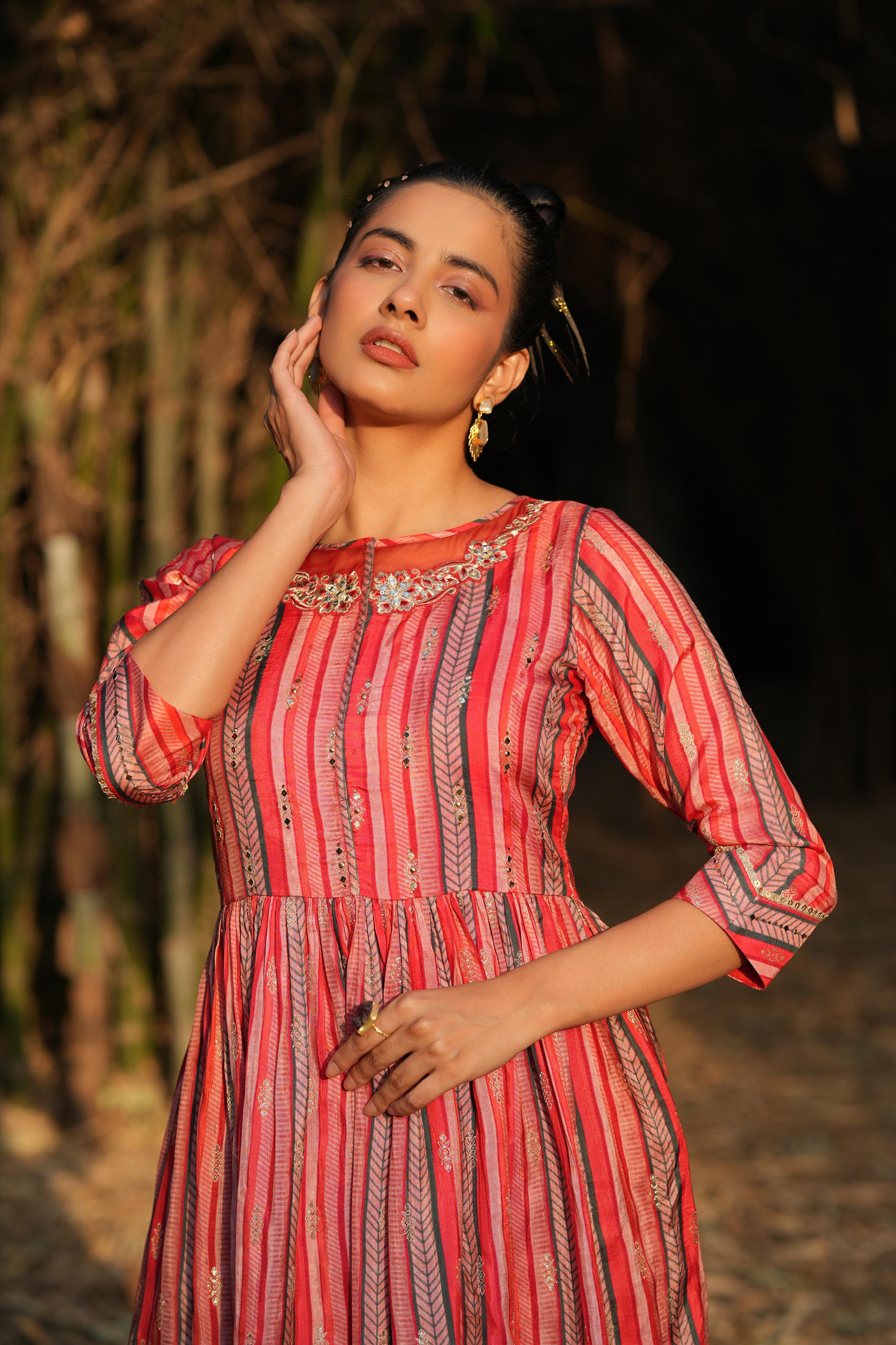 Pink Chinon Silk Candy Stripes Print Peplum Kurti With Sharara