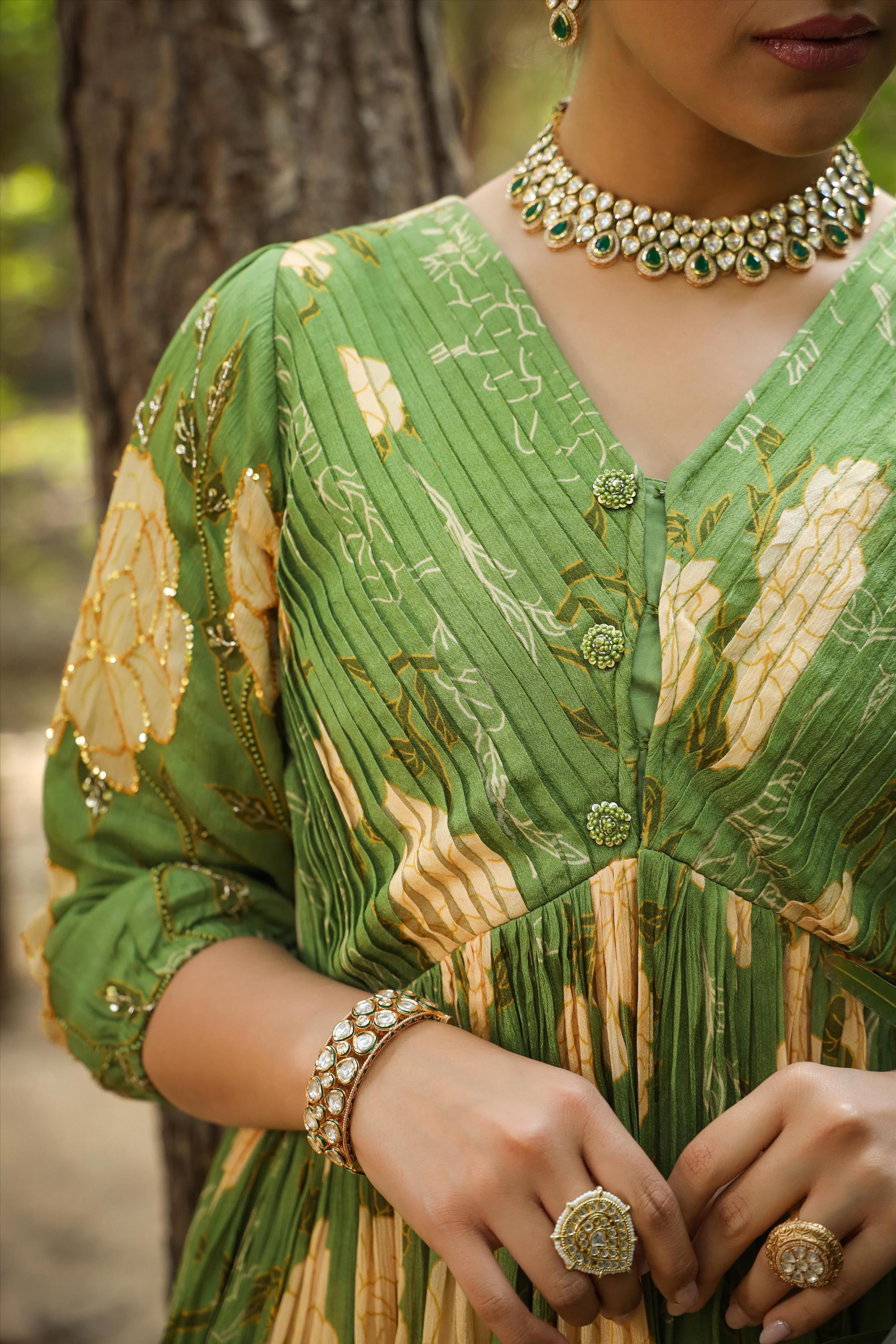Green Chinon Silk Floral Print Peplum Kurti With Sharara