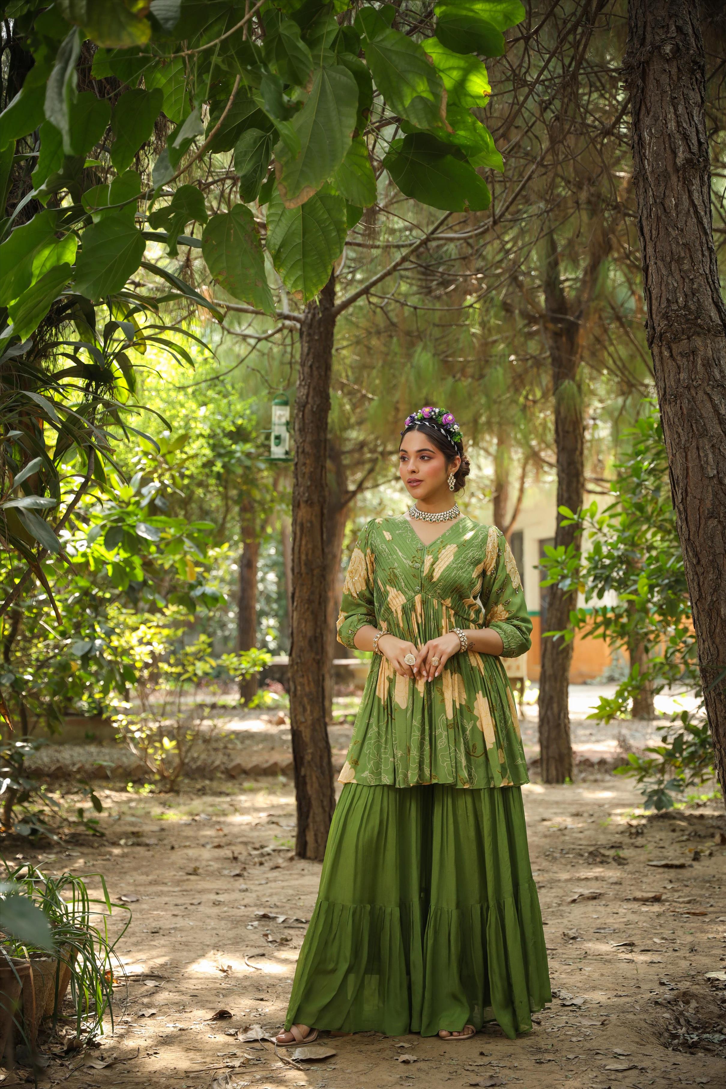 Green Chinon Silk Floral Print Peplum Kurti With Sharara