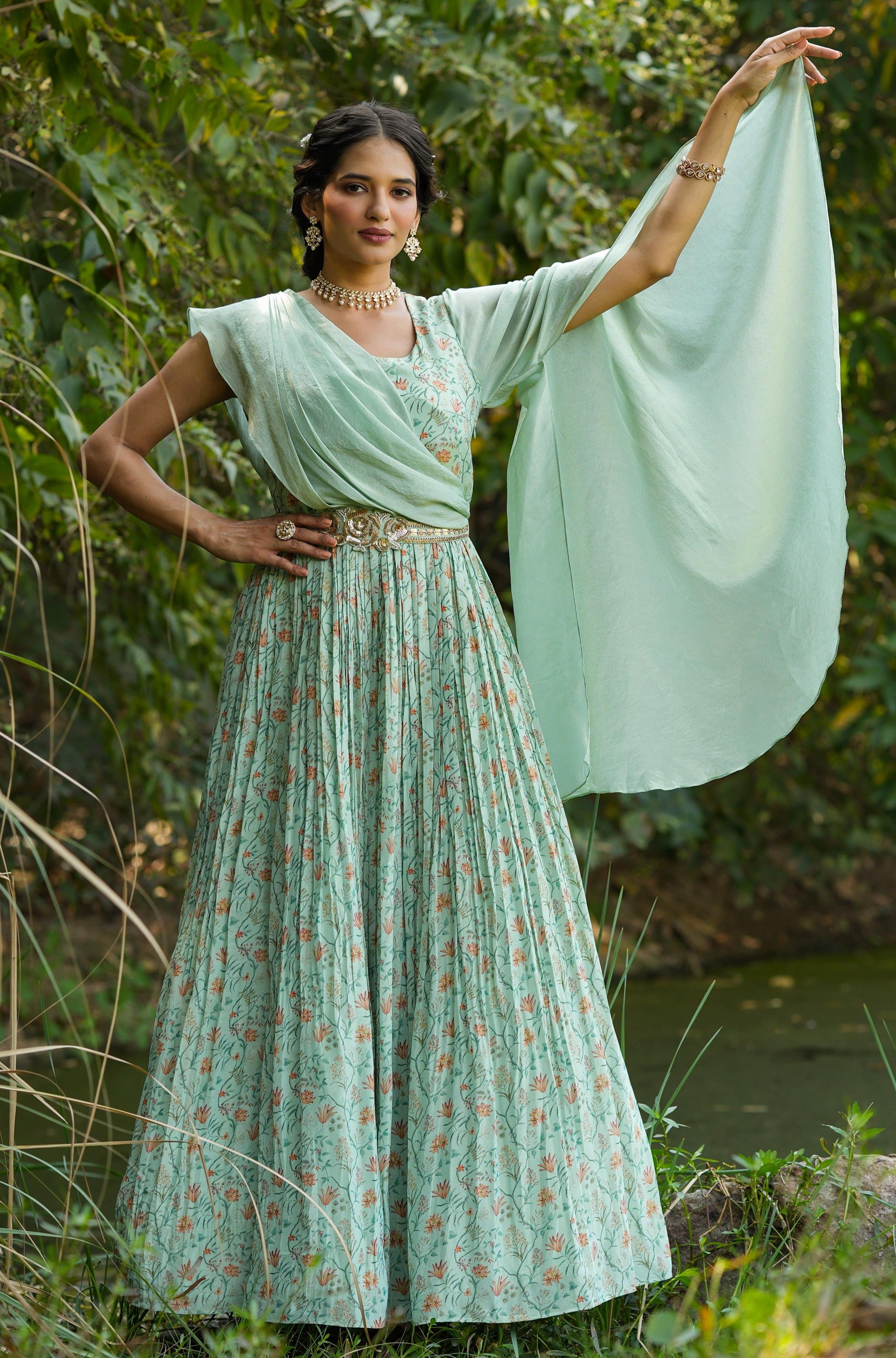 Aqua Chinon Silk Floral Print Contemporary Ethnic Gown With Attached Drape, Stylised Sleeves And Belt