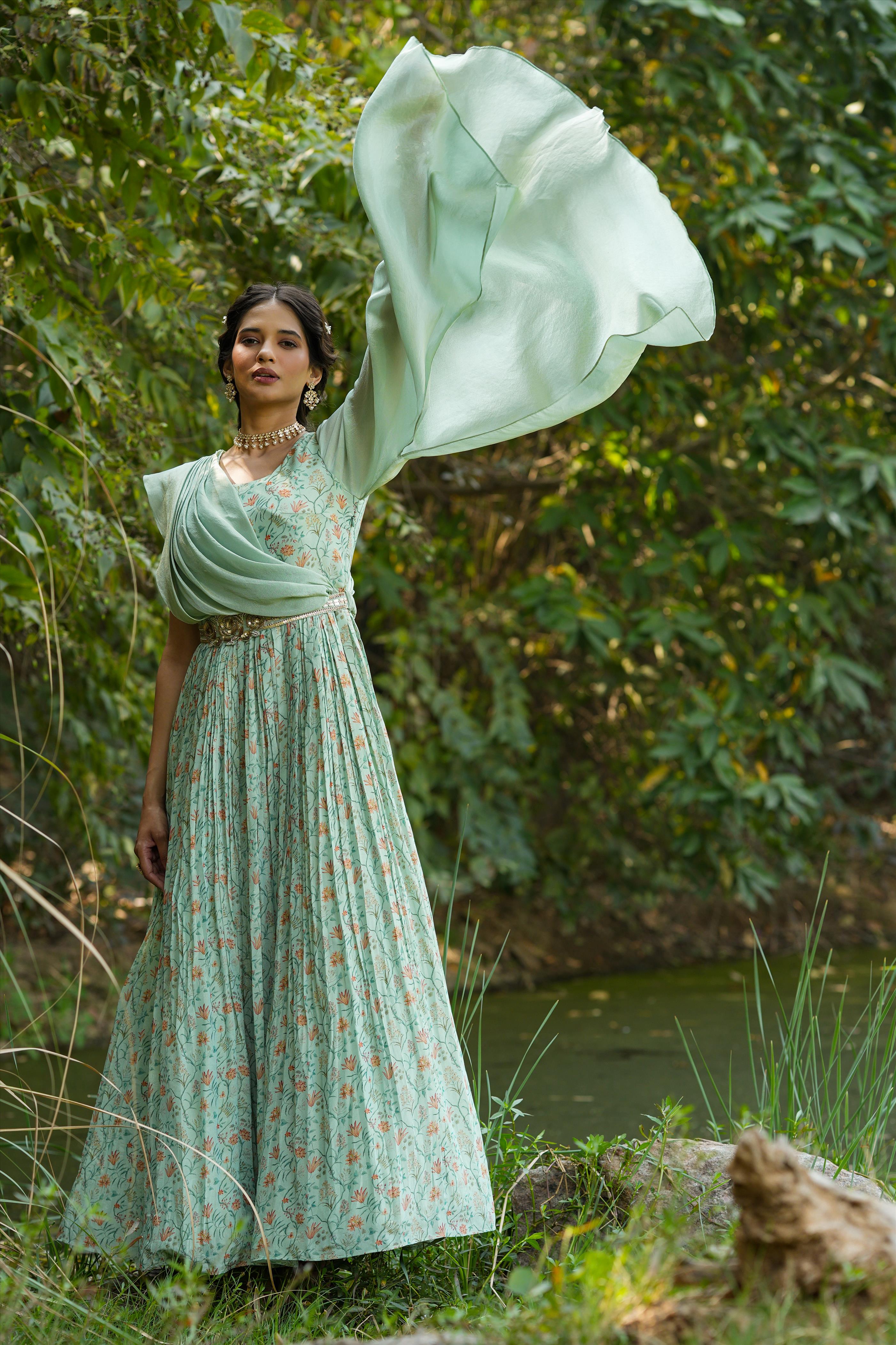 Aqua Chinon Silk Floral Print Contemporary Ethnic Gown With Attached Drape, Stylised Sleeves And Belt