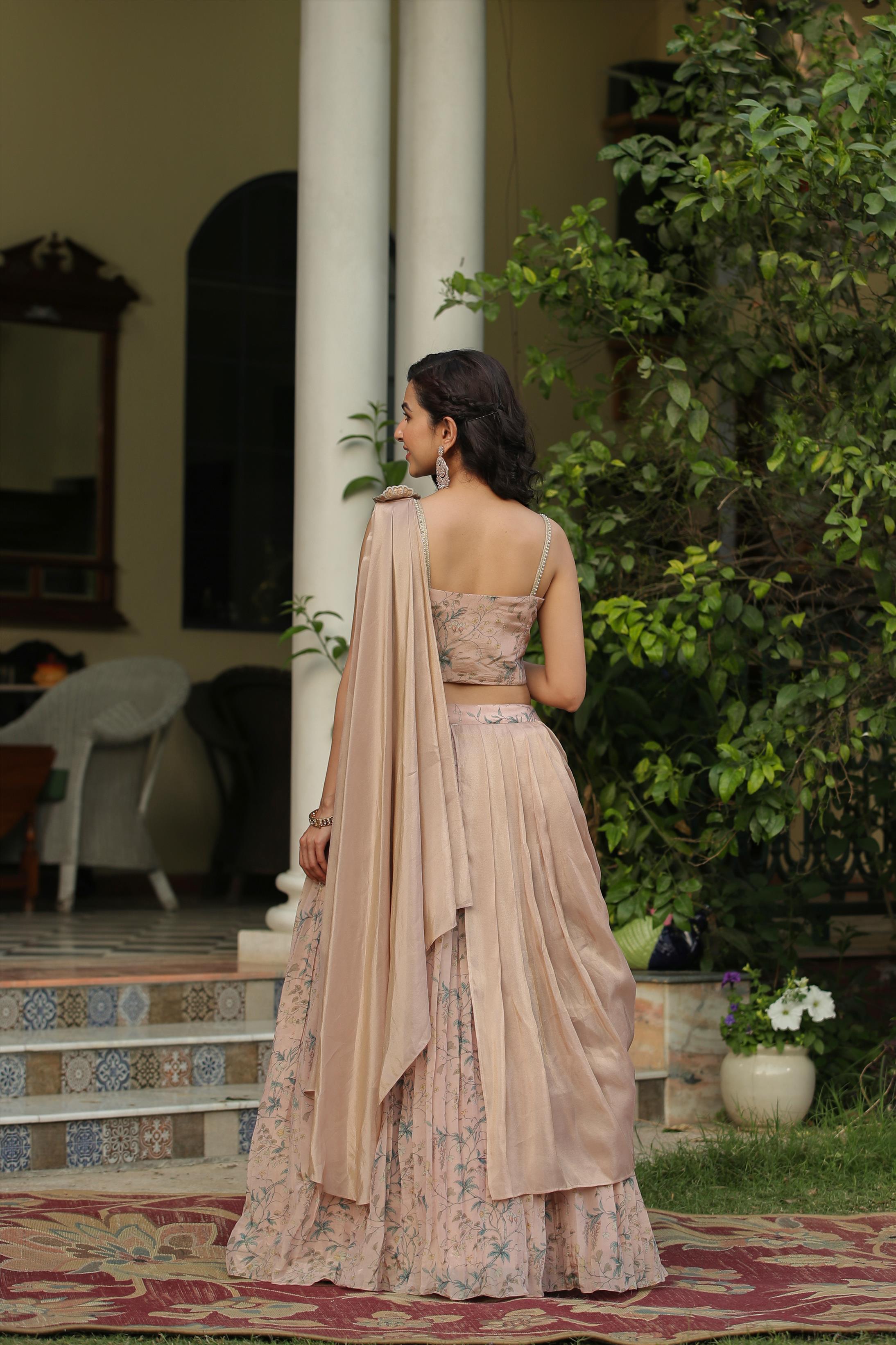 Brown Lehenga with a Peach Blouse and Attached Dupatta – Shaadilogy