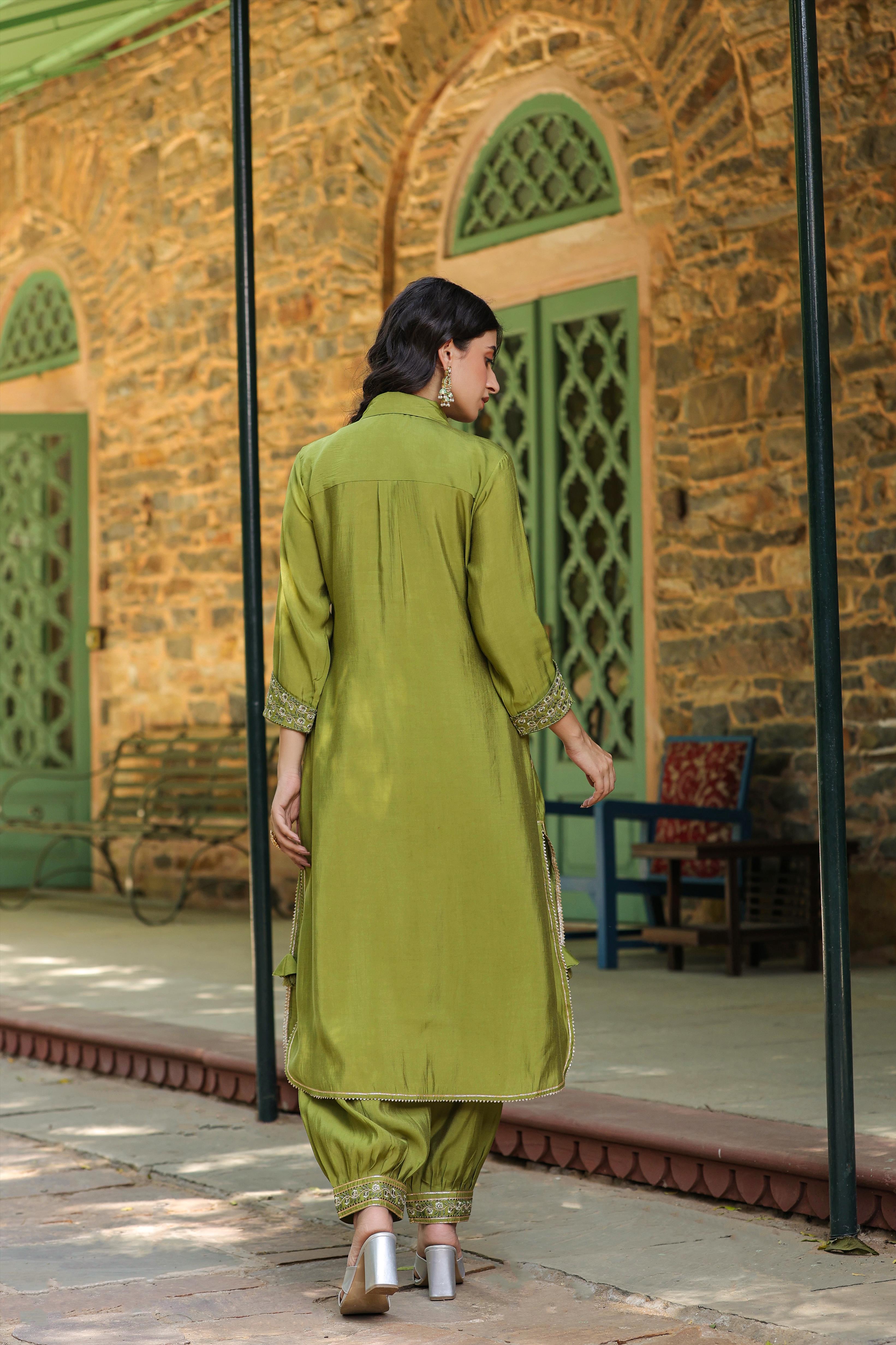 Green Modal Chanderi Yoke Design Pathani Suit Set (2 Pc)
