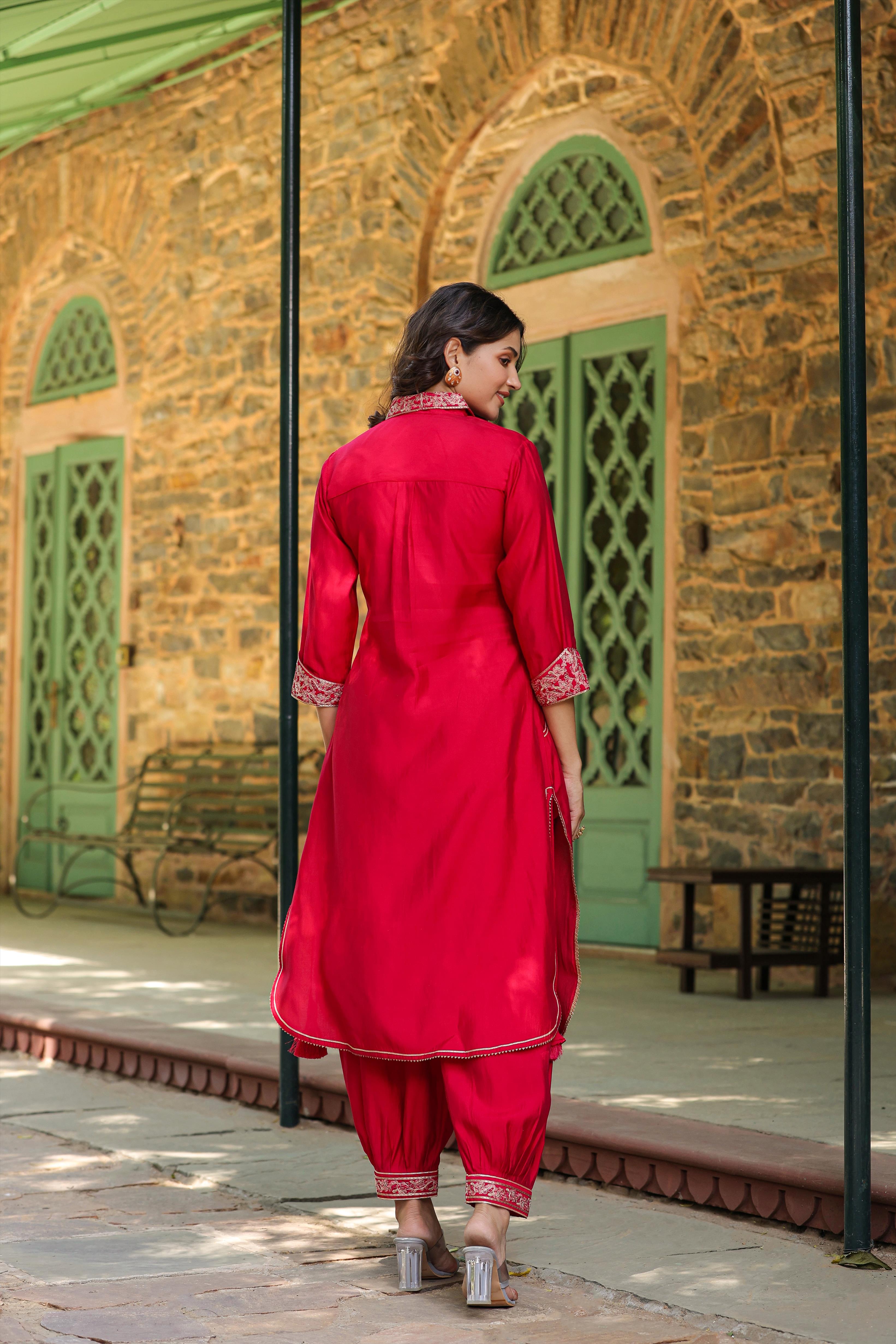 Pink Modal Chanderi Yoke Design Pathani Suit Set (2 Pc)
