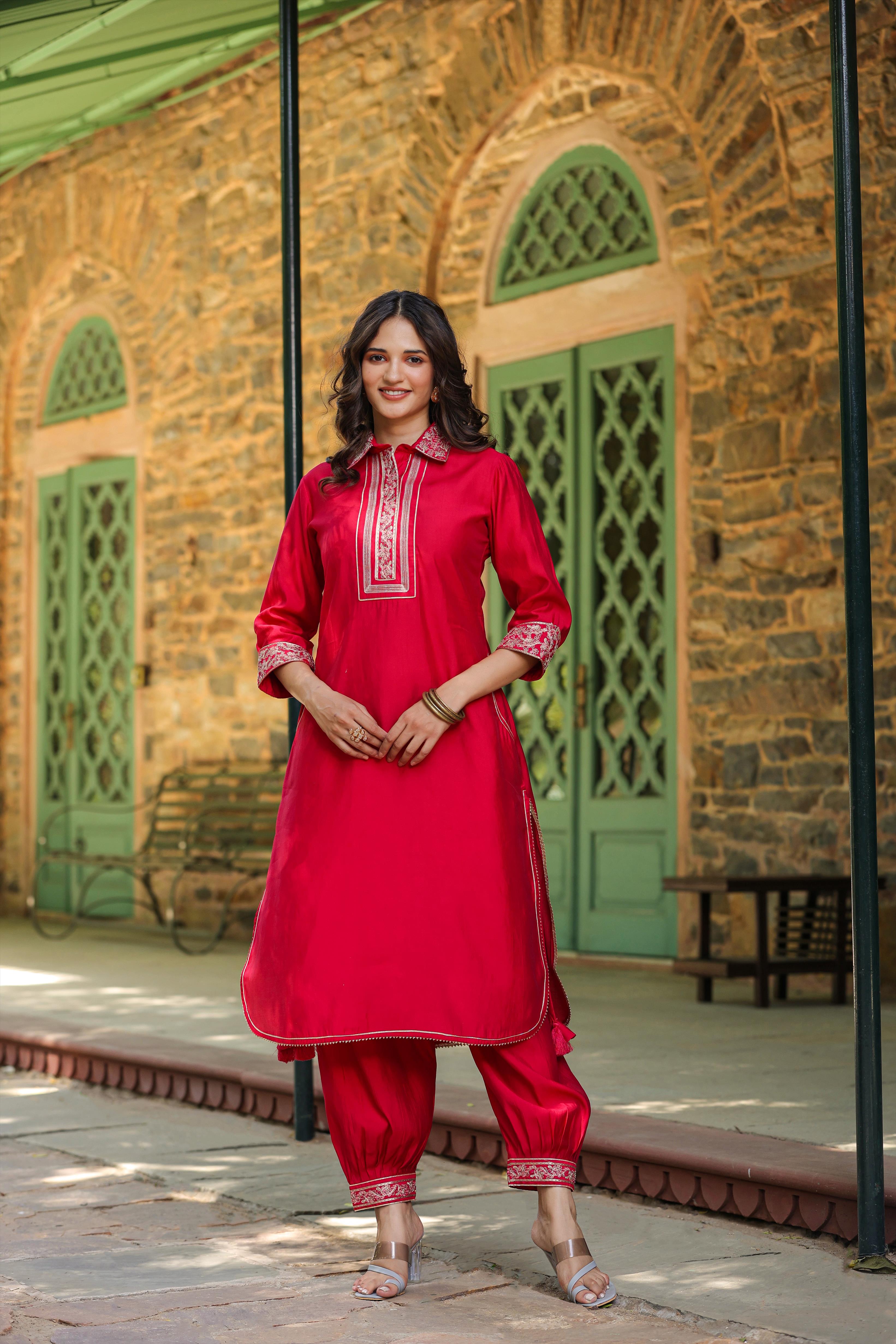 Pink Modal Chanderi Yoke Design Pathani Suit Set (2 Pc)