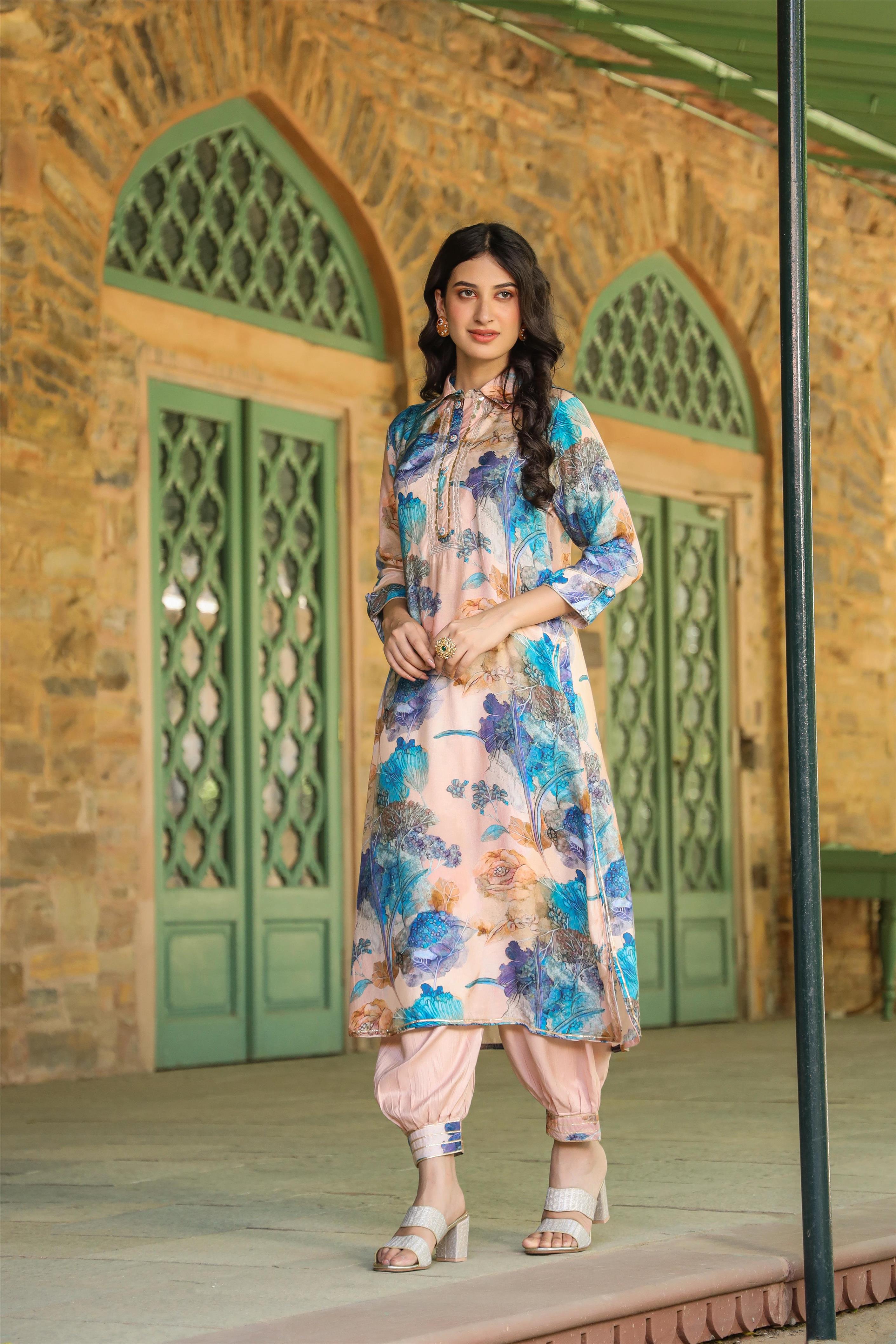 Peach Muslin Silk Floral Print Pathani Suit Set