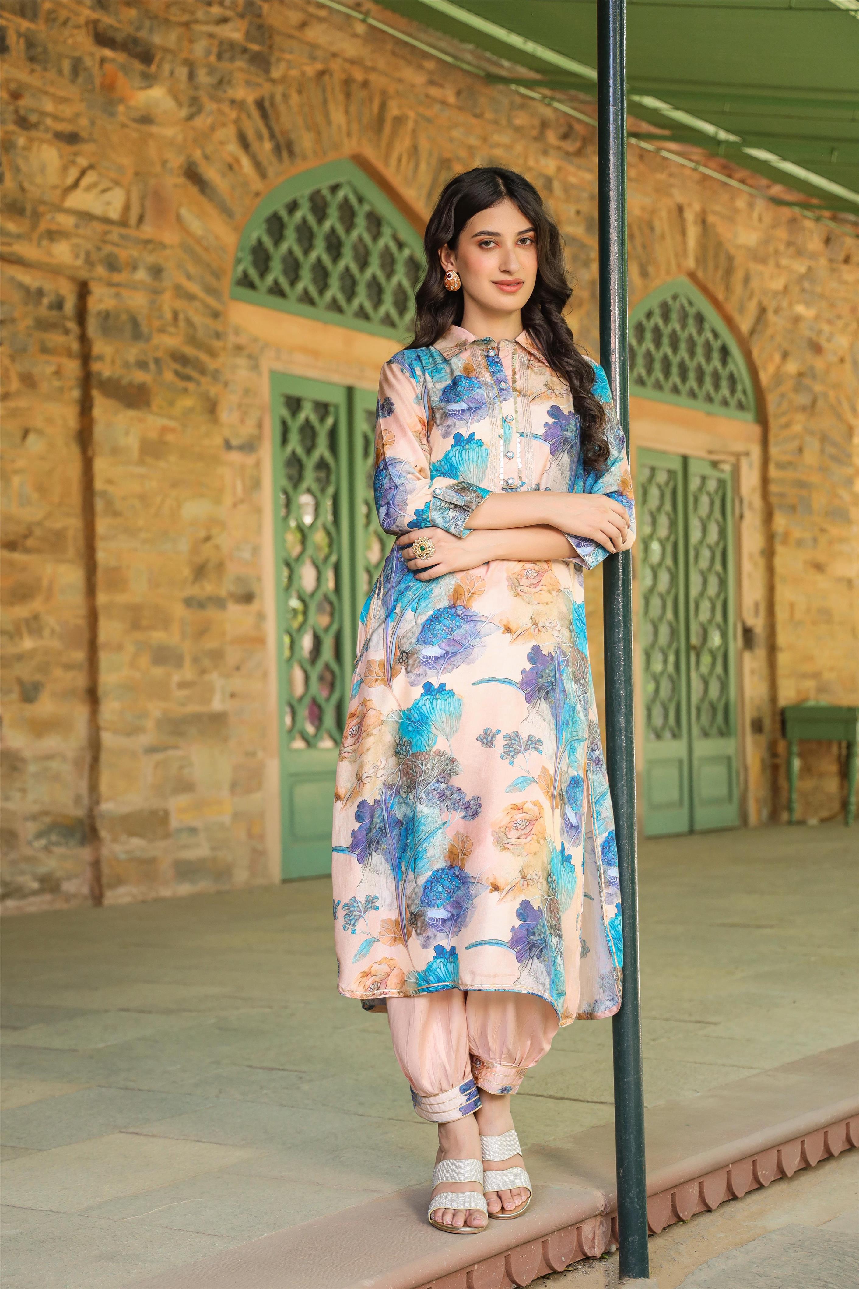 Peach Muslin Silk Floral Print Pathani Suit Set (2 Pc)