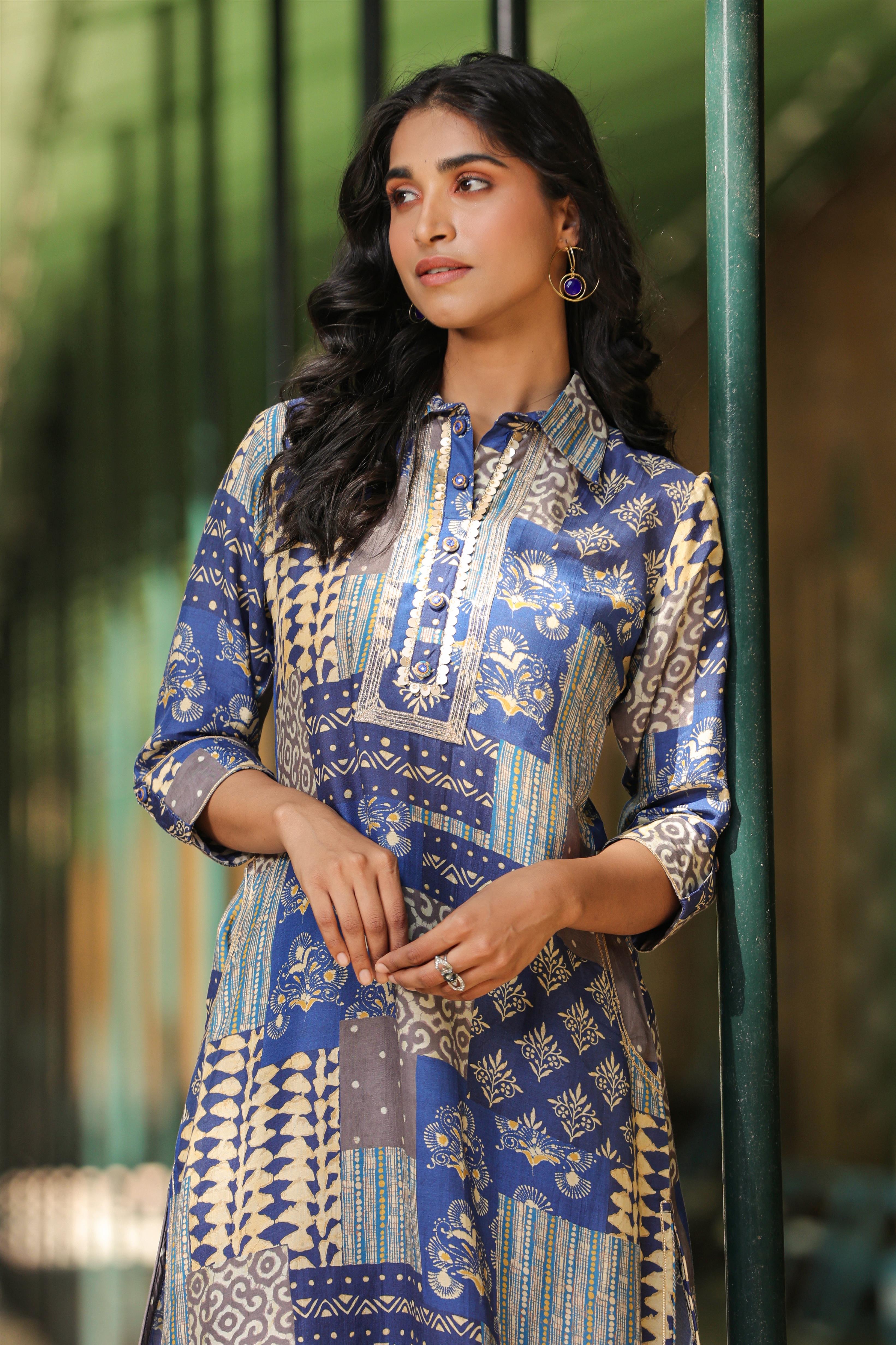Blue Muslin Silk Printed Pathani Suit Set (2 Pc)