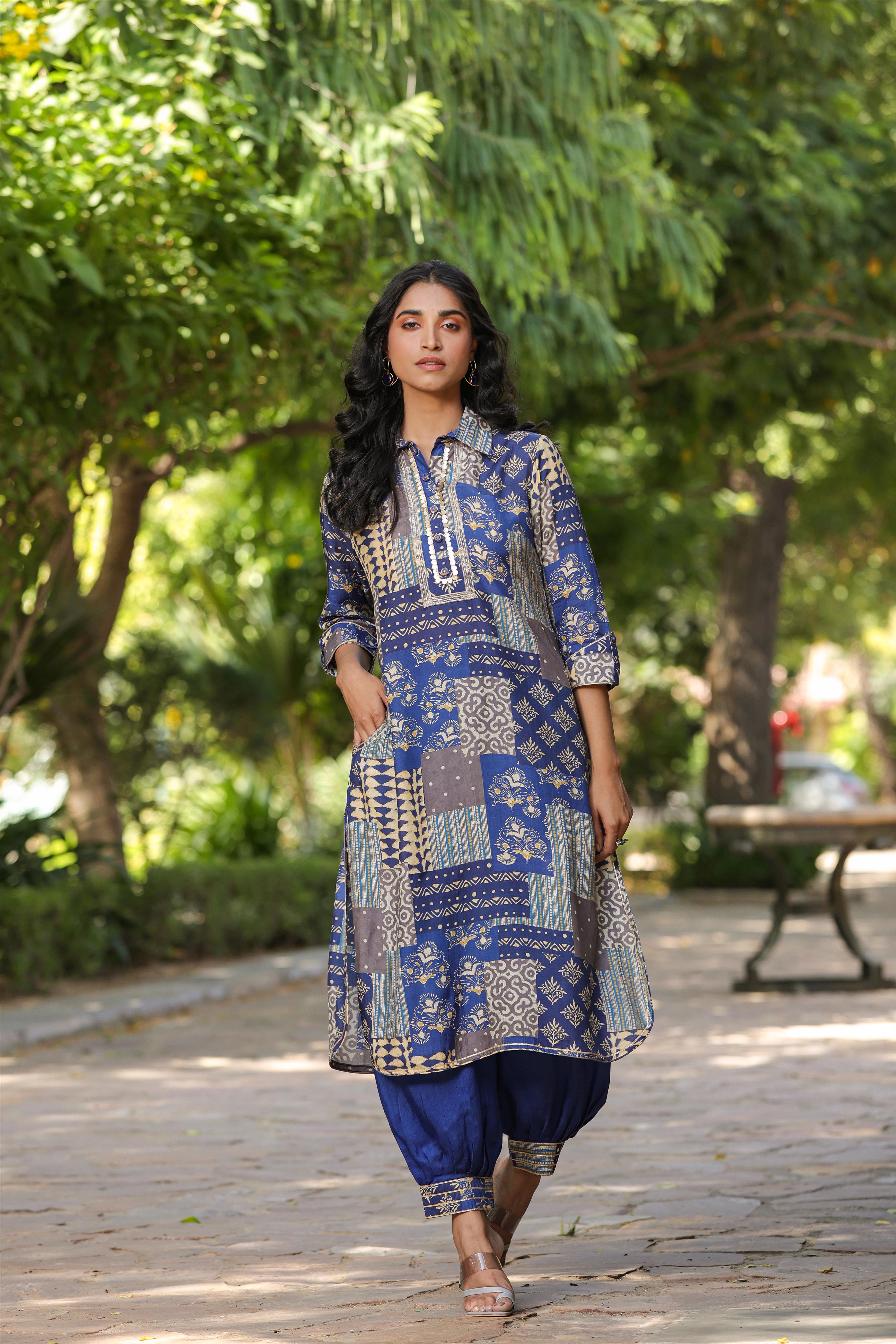 Blue Muslin Silk Printed Pathani Suit Set (2 Pc)