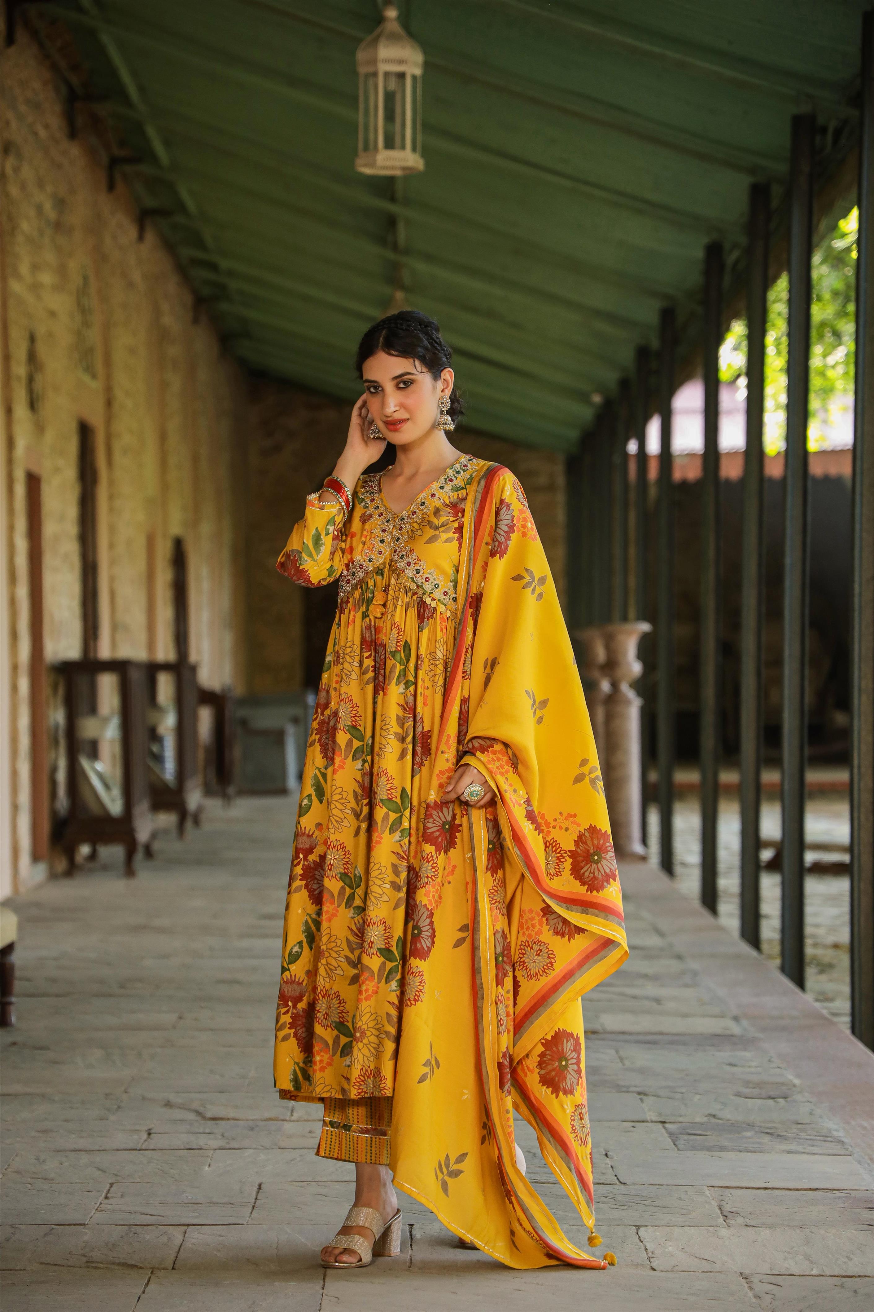 Yellow Modal Chanderi Floral Print Side Slit Kurta Pant Dupatta Set