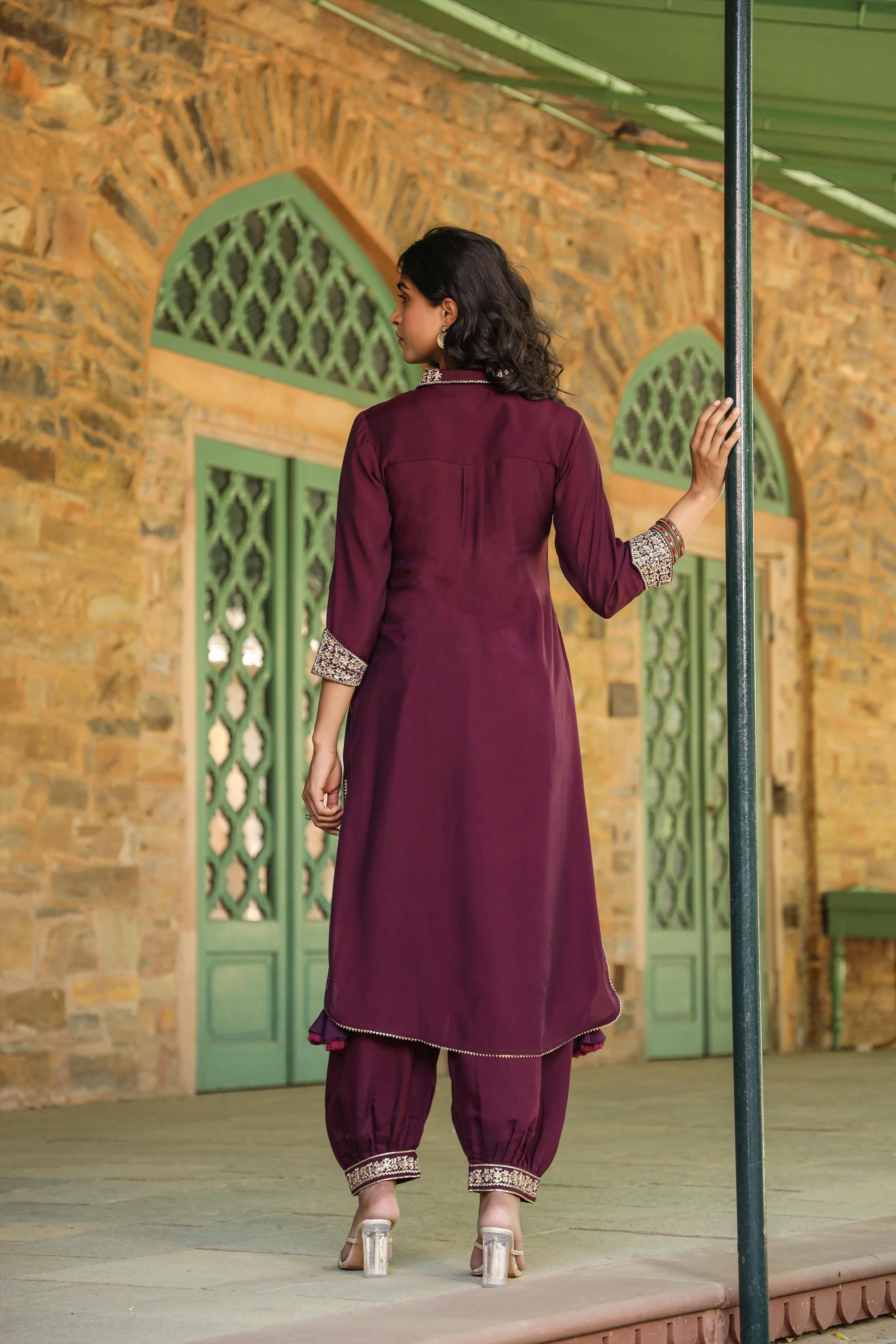 Purple Modal Chanderi Yoke Design Pathani Suit Set (2 Pc)