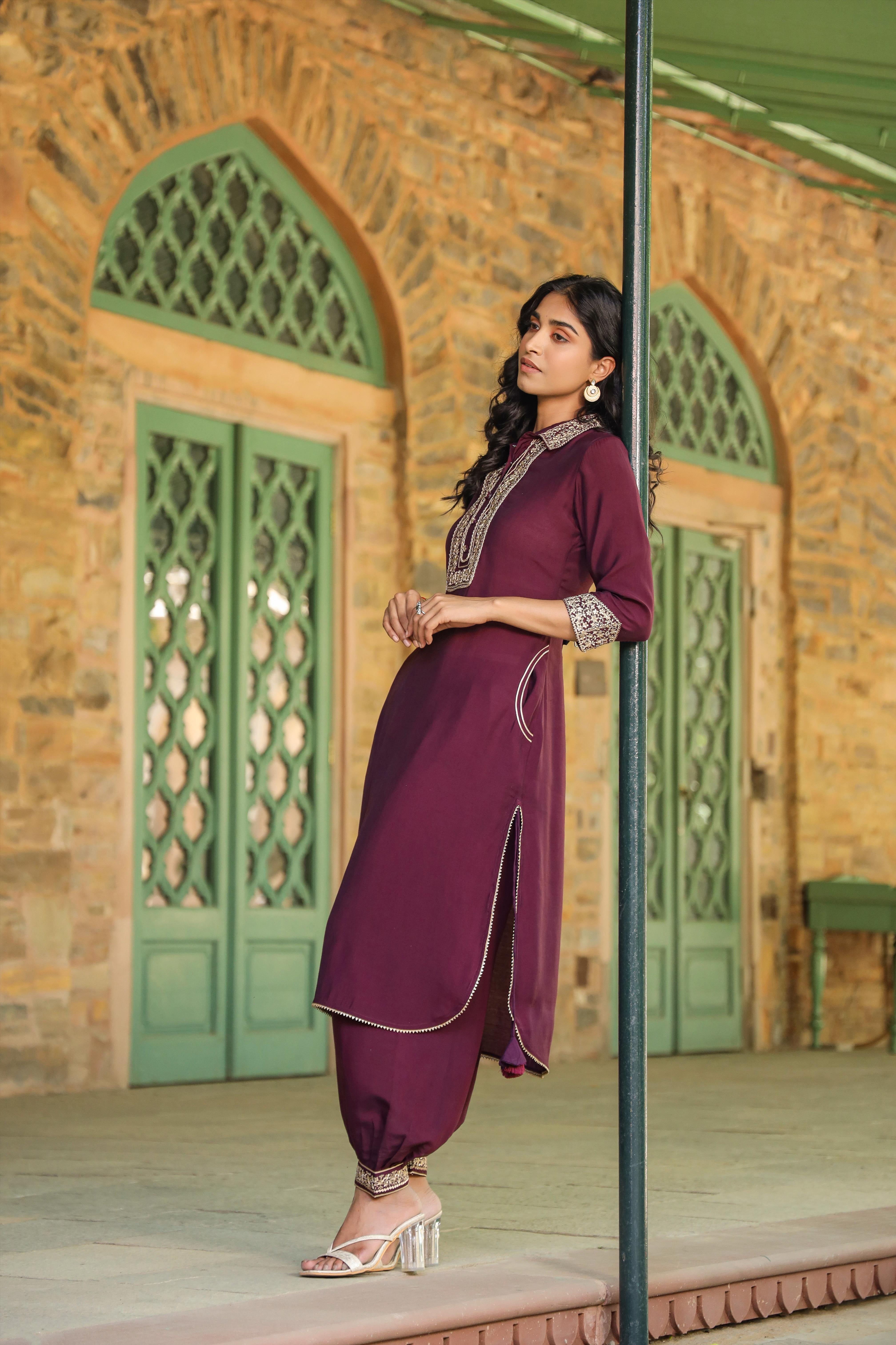 Purple Modal Chanderi Yoke Design Pathani Suit Set (2 Pc)