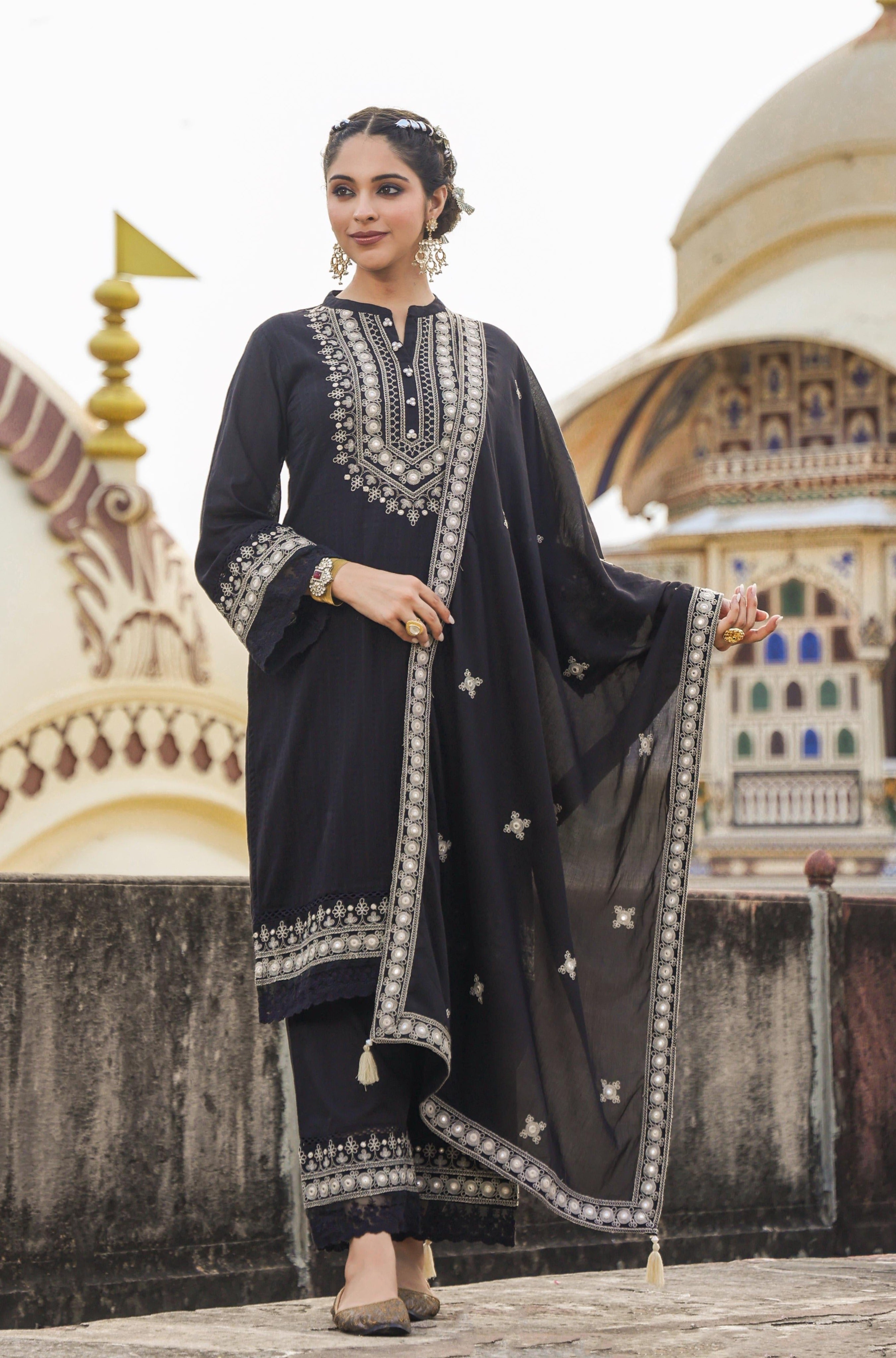 Black Cotton Dobby Kutch Embroidery Pakistani Palazzo Set