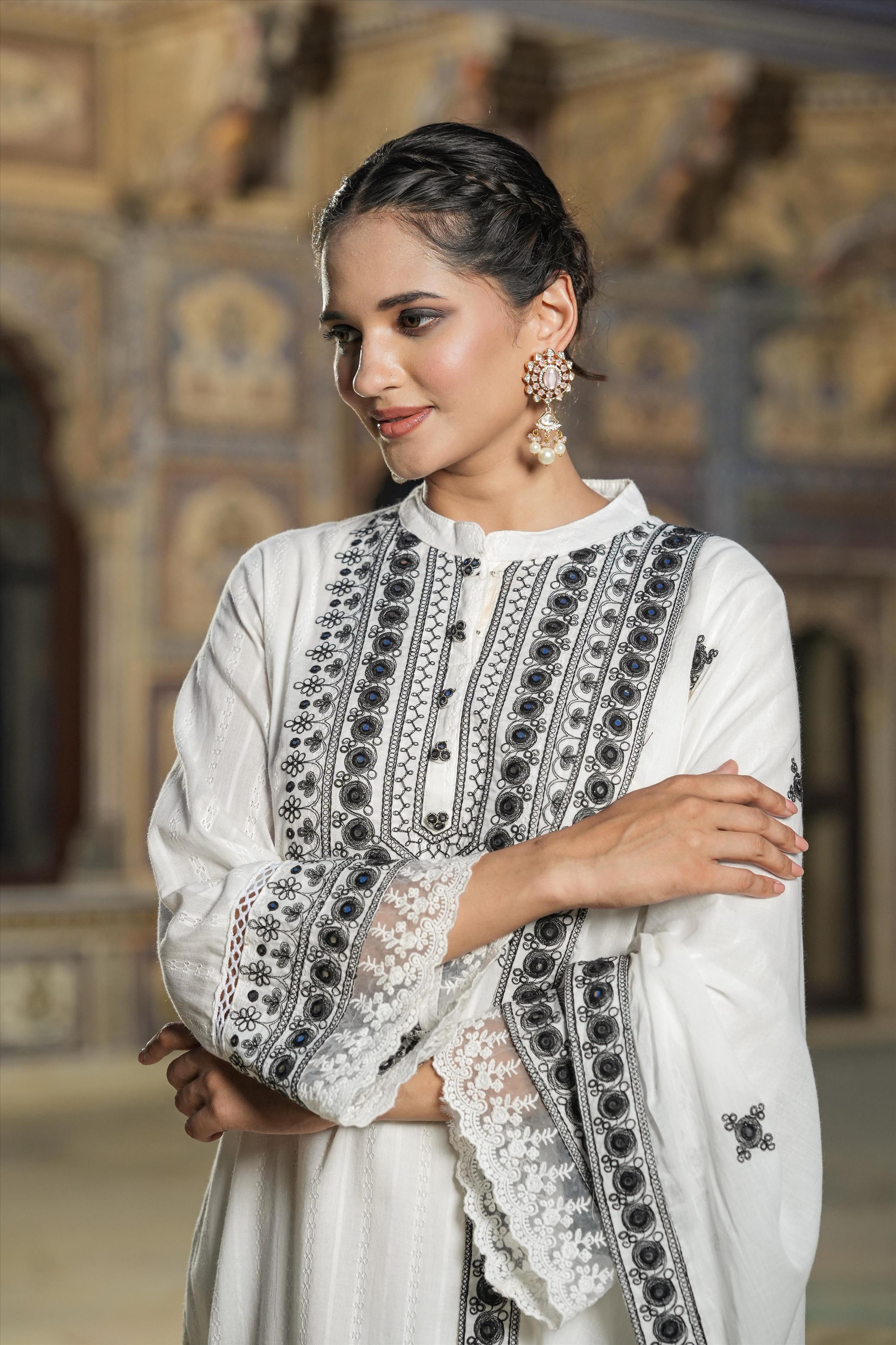 White Cotton Dobby Kutch Embroidery Pakistani Palazzo Set