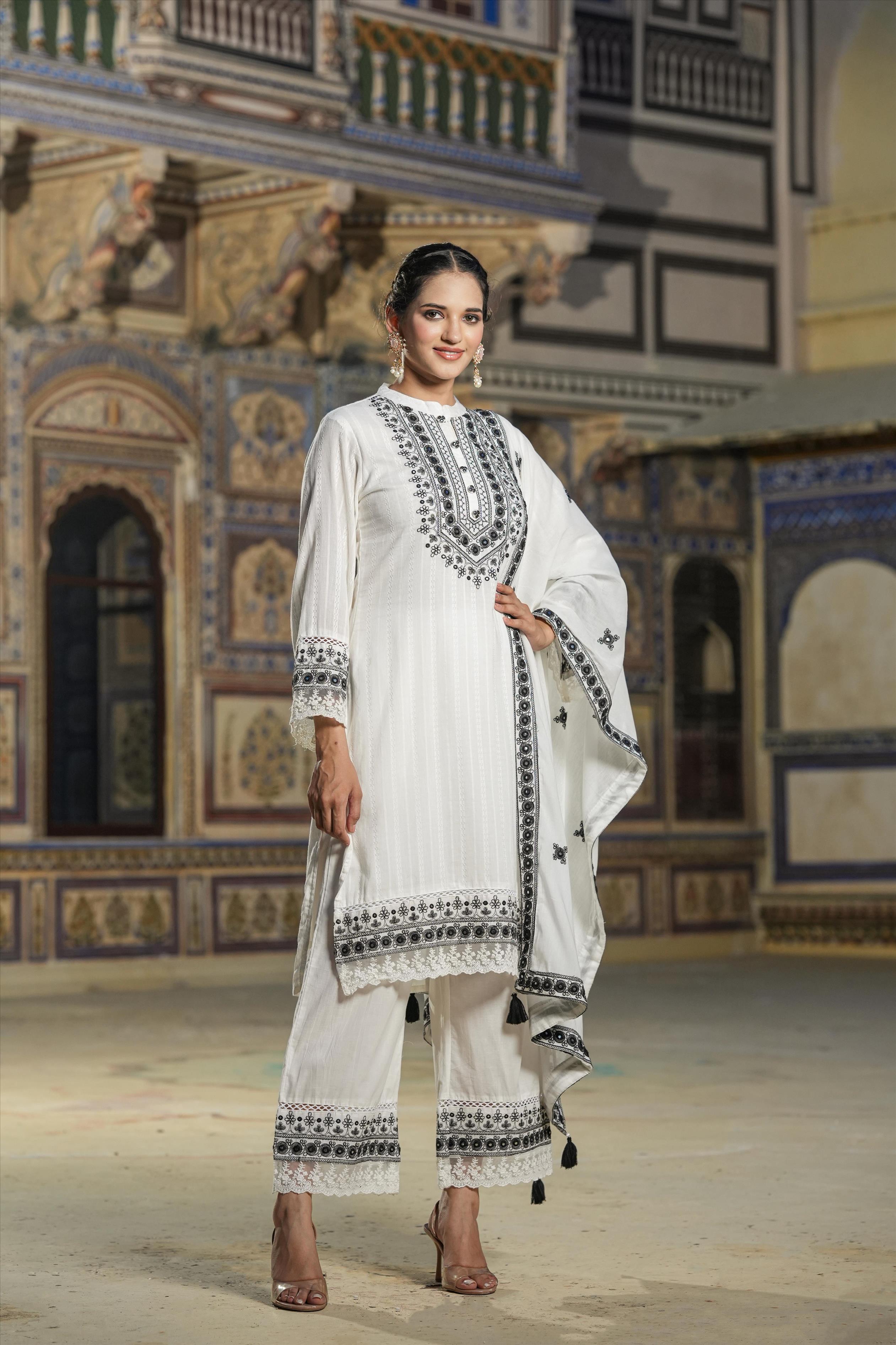 White Cotton Dobby Kutch Embroidery Pakistani Palazzo Set
